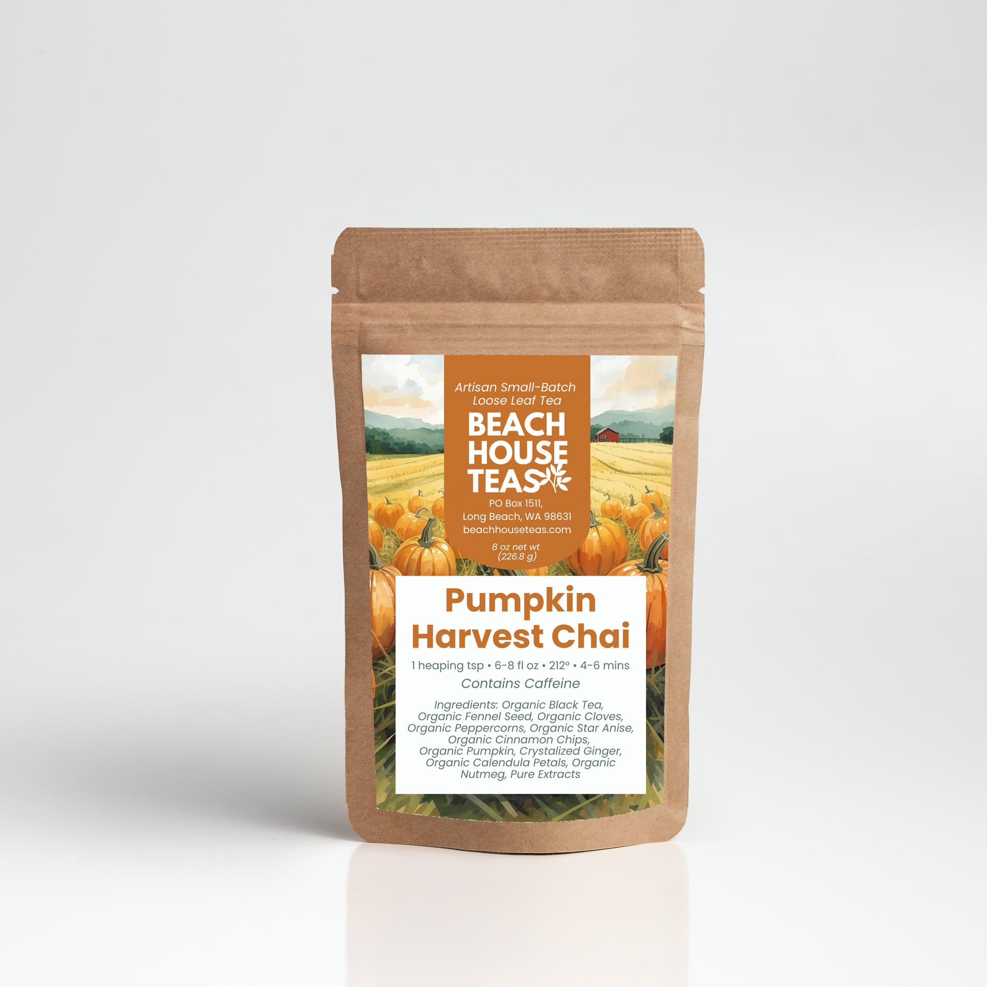 Pumpkin Harvest Chai tea label on pouch on white background