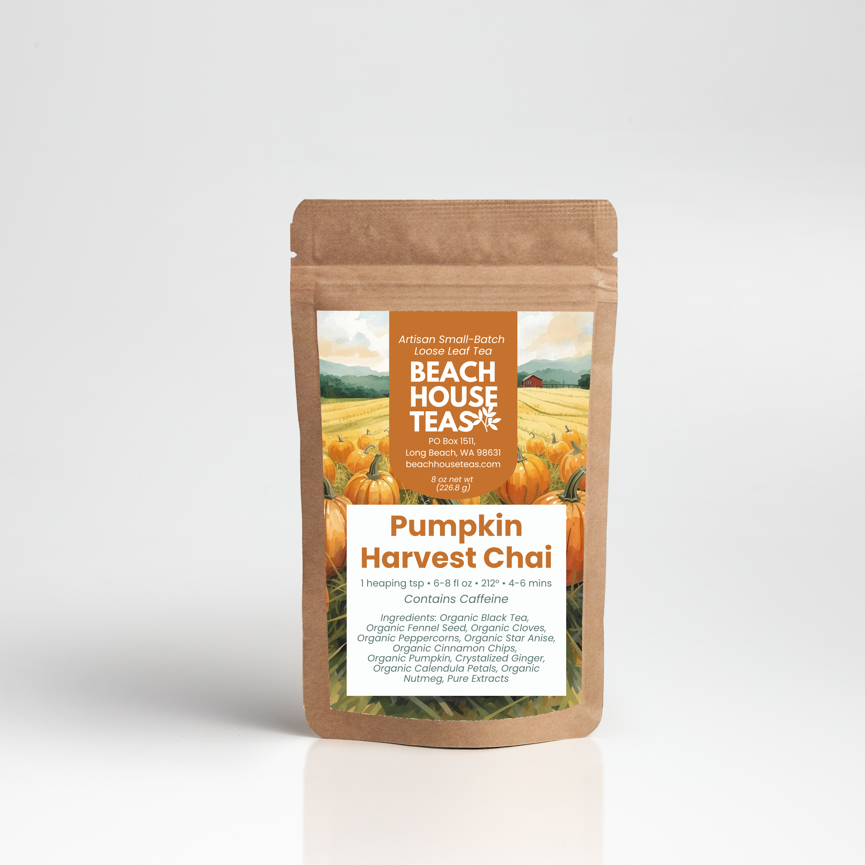 Pumpkin Harvest Chai tea label on pouch on white background