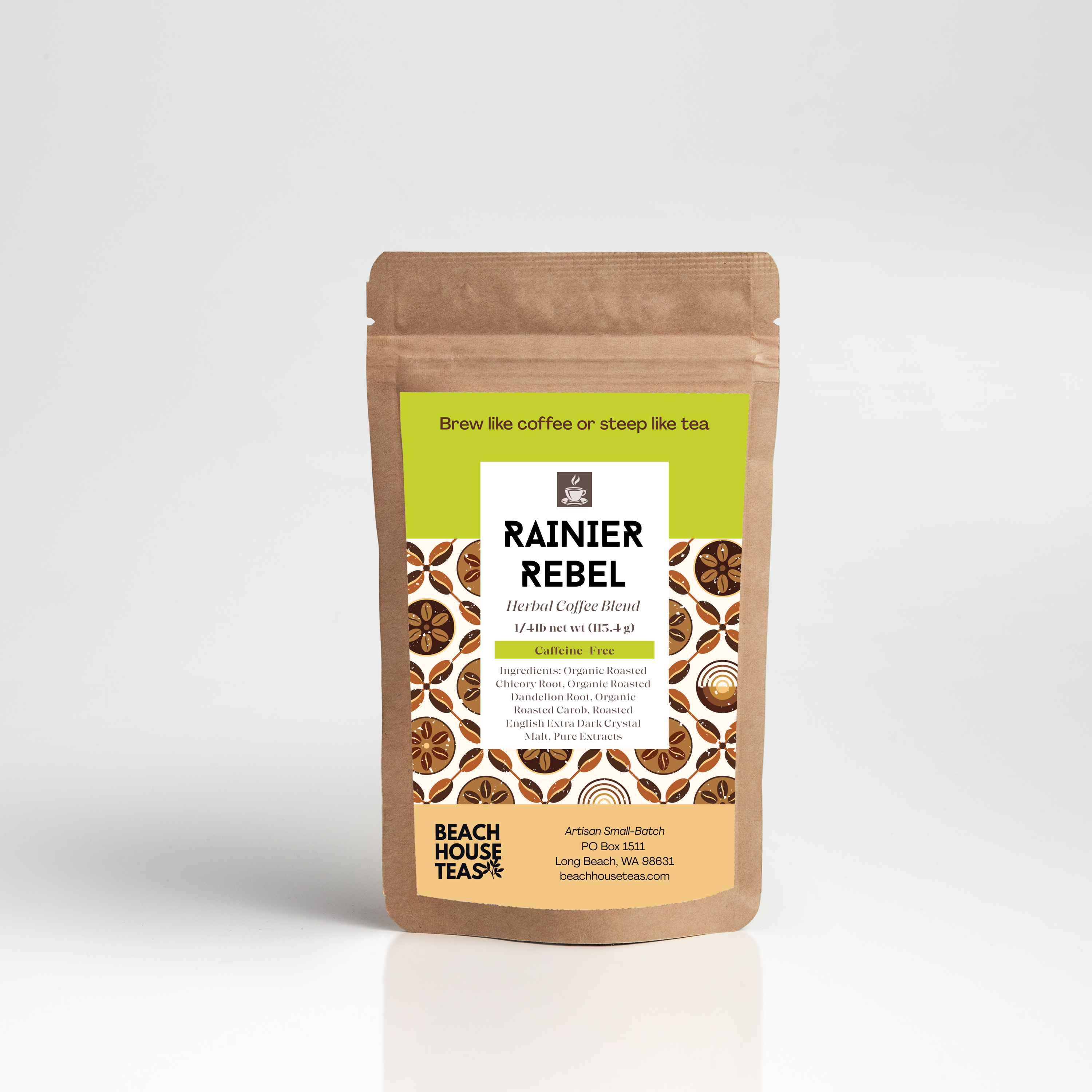 Brown package of Rainier Rebel tea on a white background