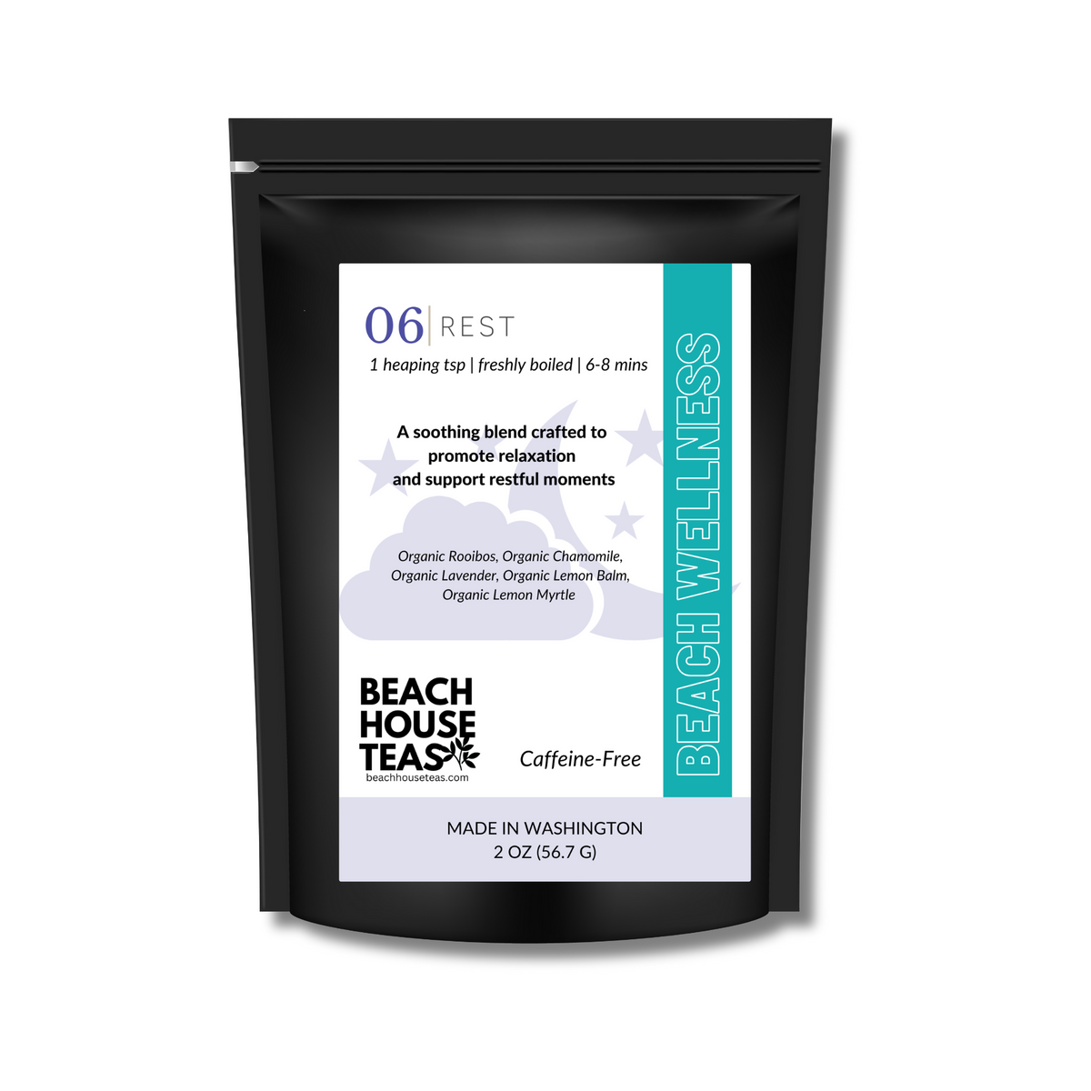 Beach Wellness Rest tea 2 oz black pouch with a white, turquoise, and pale lavender label on white