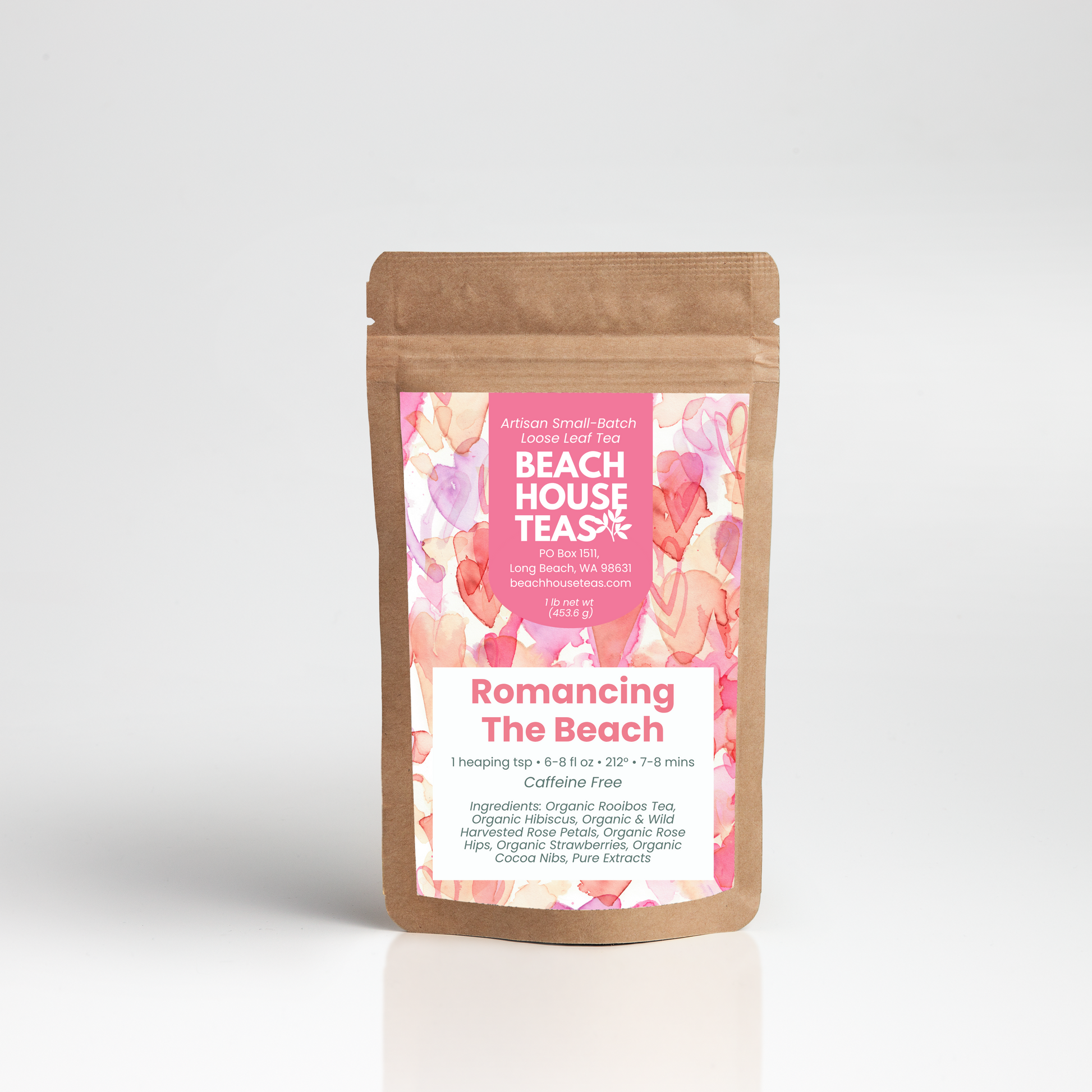 A kraft paper stand-up pouch of BEACH HOUSE TEAS 'Romancing The Beach' caffeine free herbal tea, shown on a clean light gray gradient background.