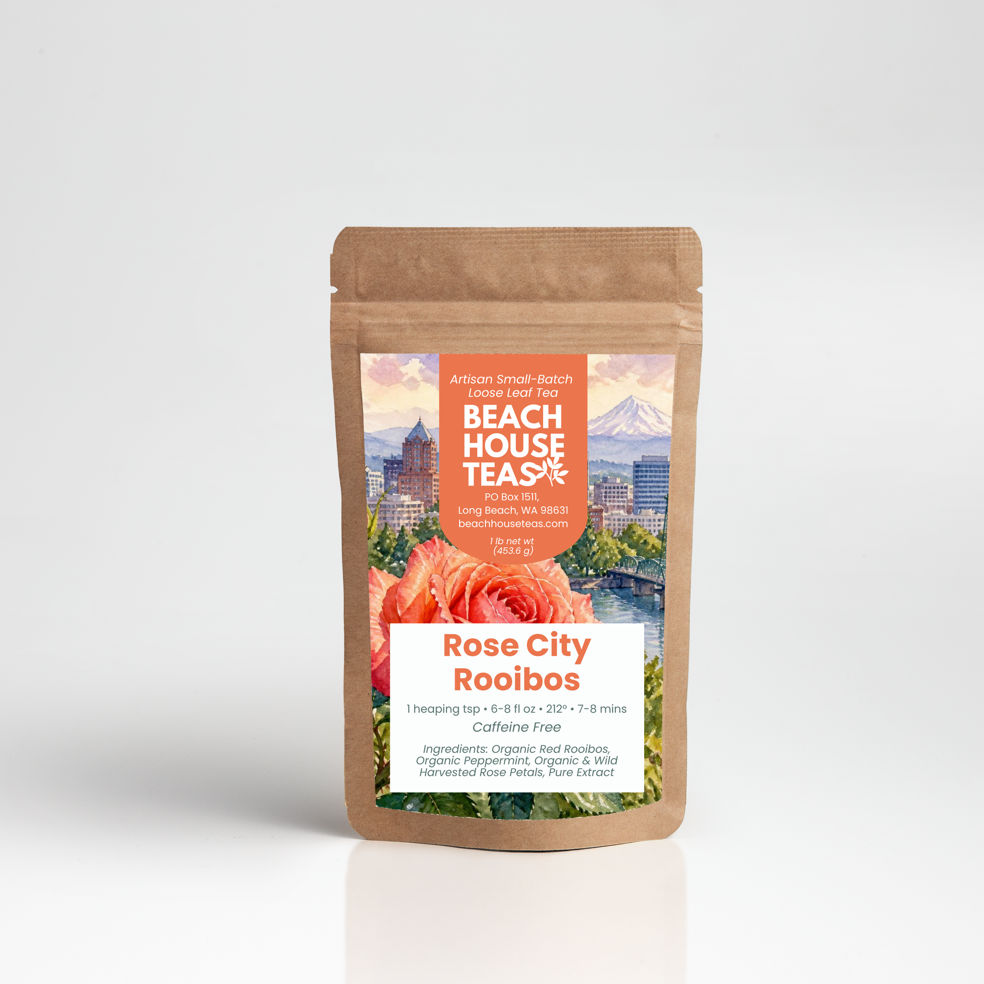 A kraft paper stand-up pouch of Beach House Tea's Rose City Rooibos tea, featuring a colorful label with a mountain landscape and pink roses, set against a clean white background.