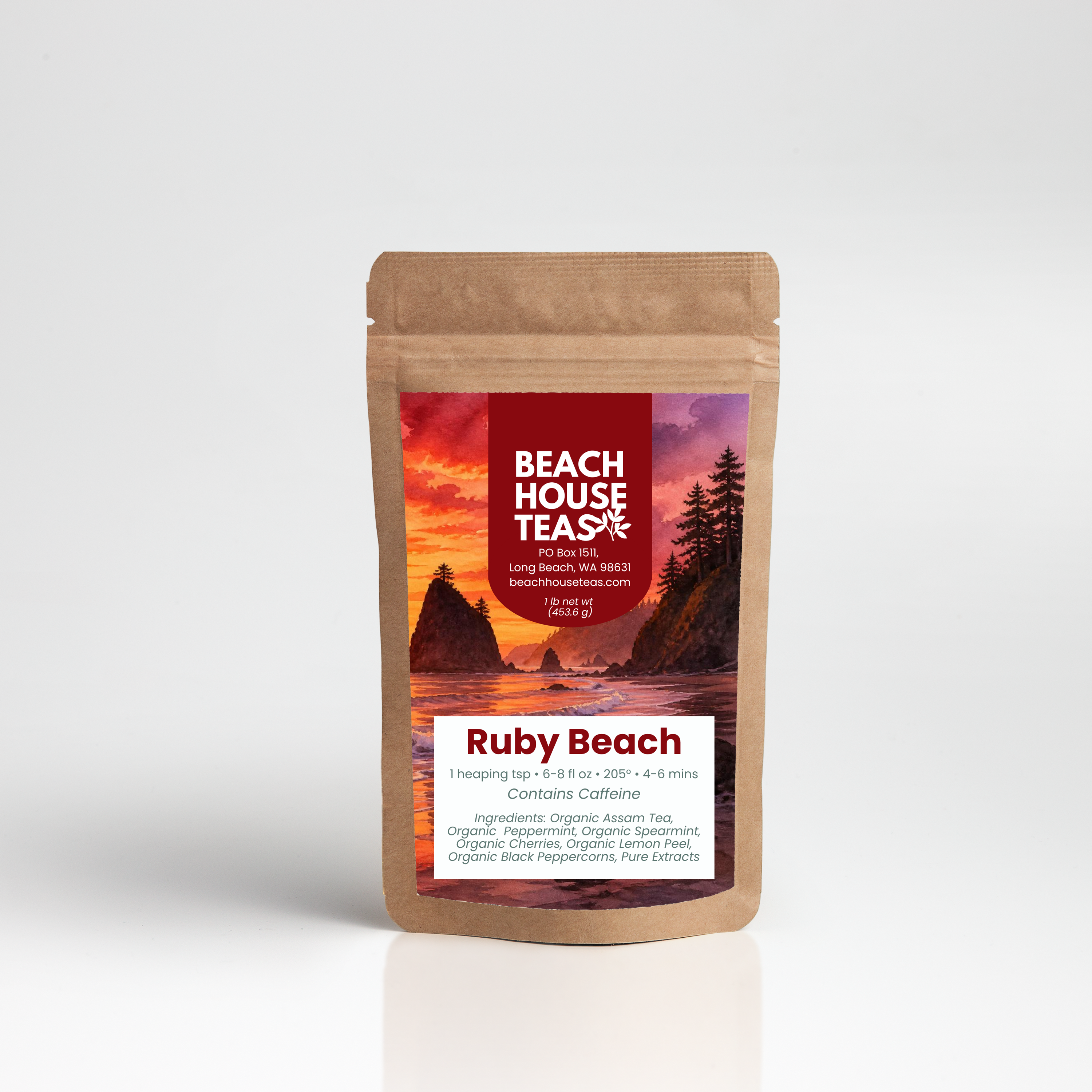 Ruby Beach tea label on pouch with white background
