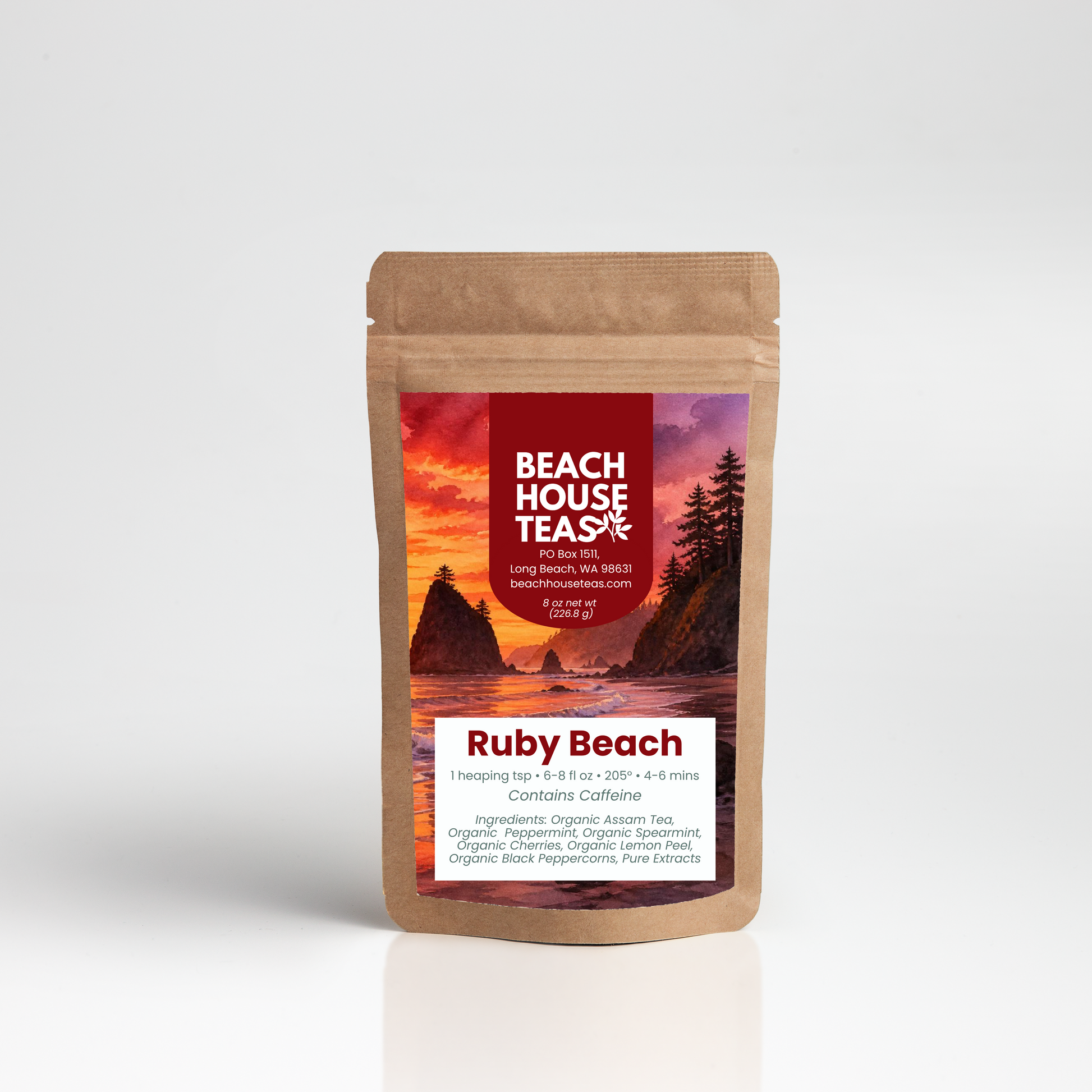 Ruby Beach tea label on pouch with white background