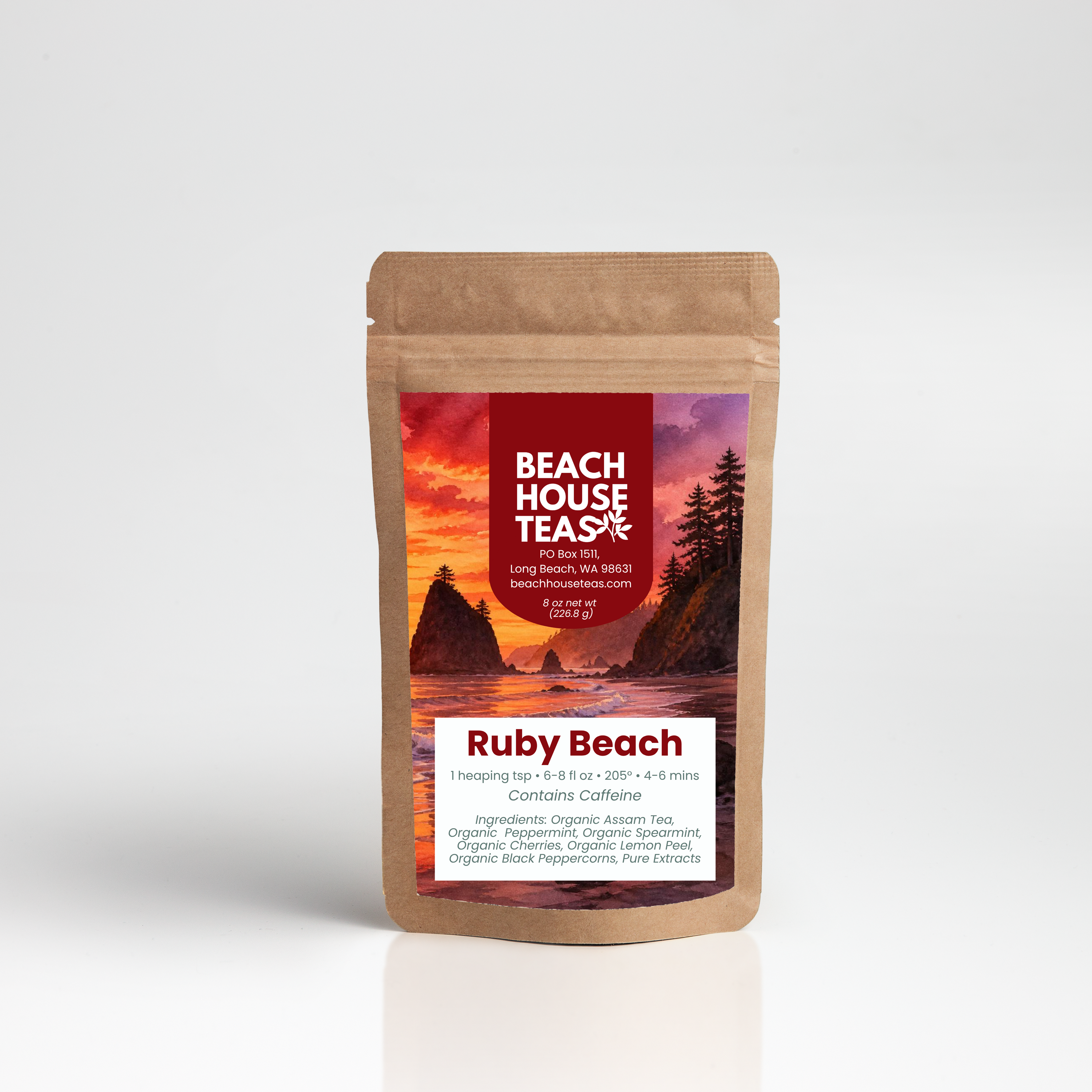 Ruby Beach tea label on pouch with white background