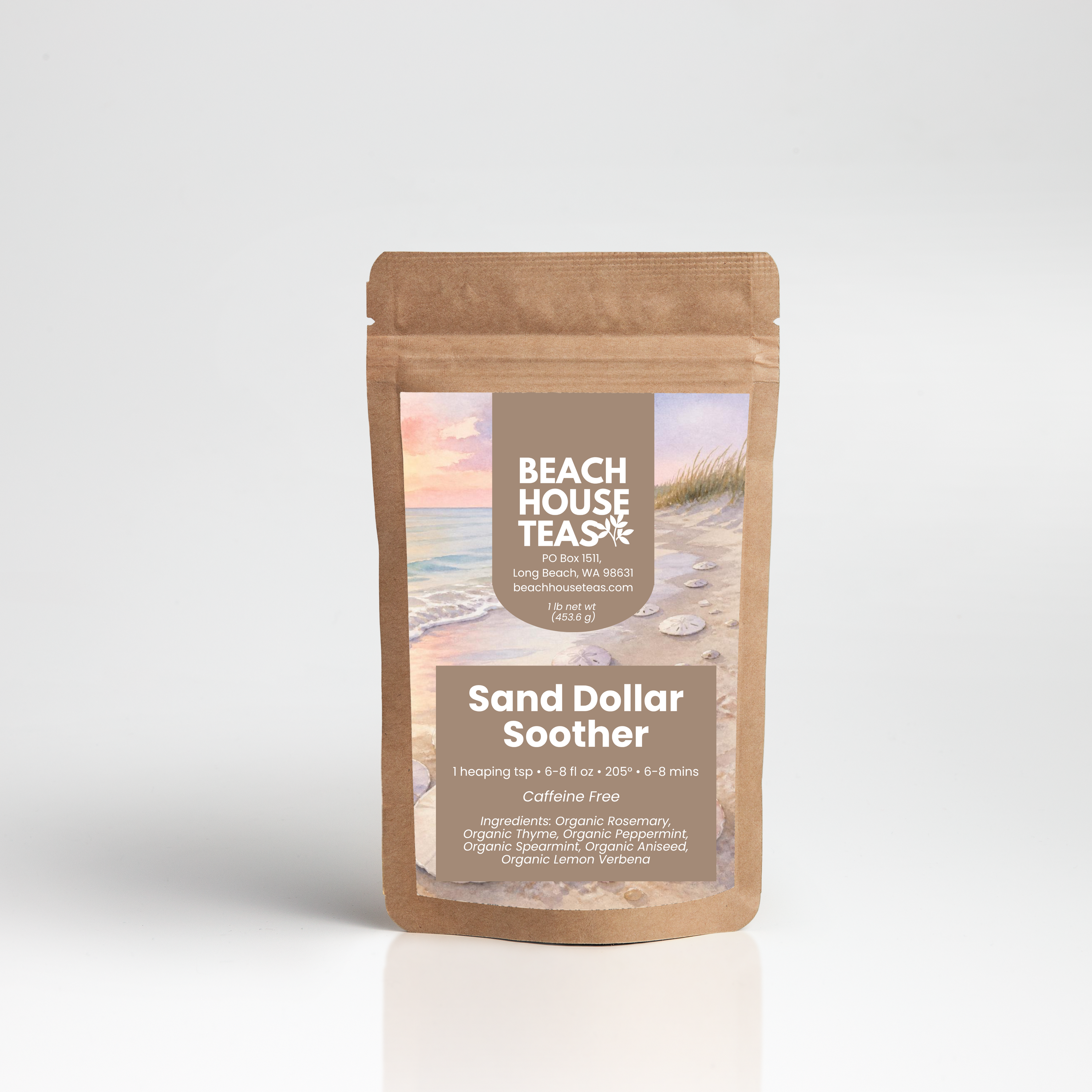 Sand Dollar Soother tea label on pouch with white background