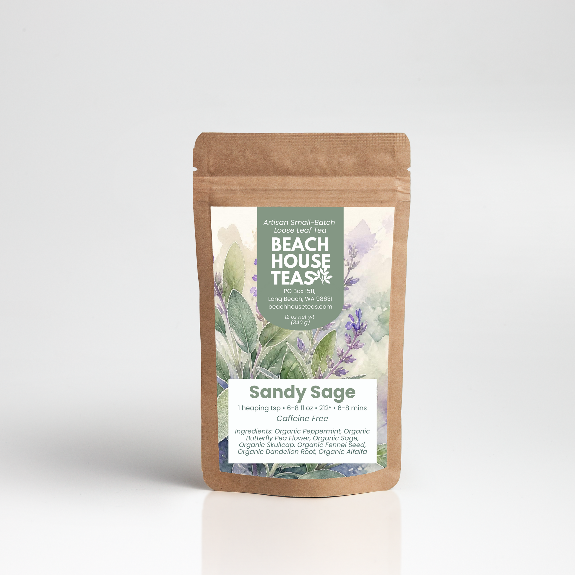 Sandy Sage tea label on pouch with white background