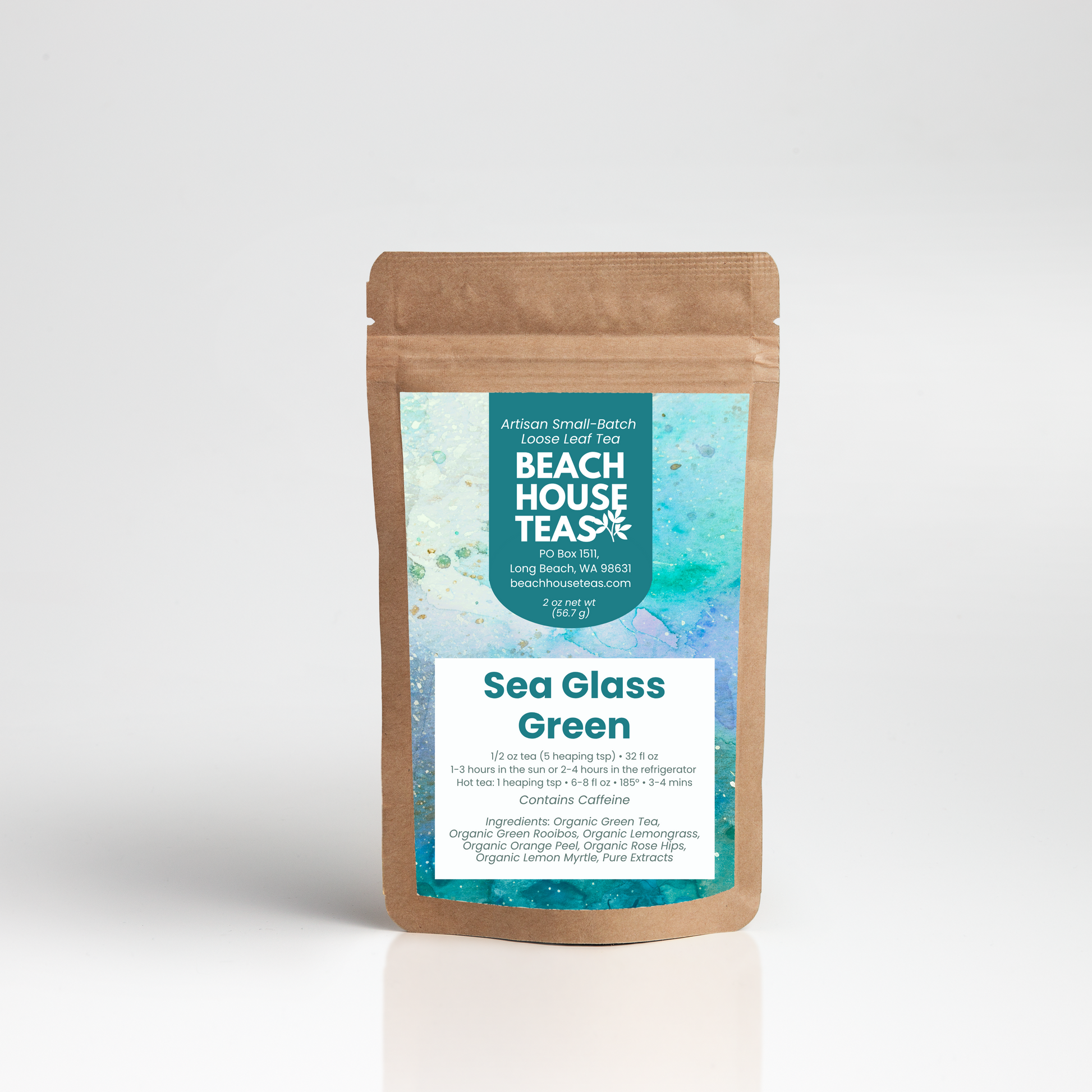 Sea Glass Green Iced tea label on kraft pouch on white background