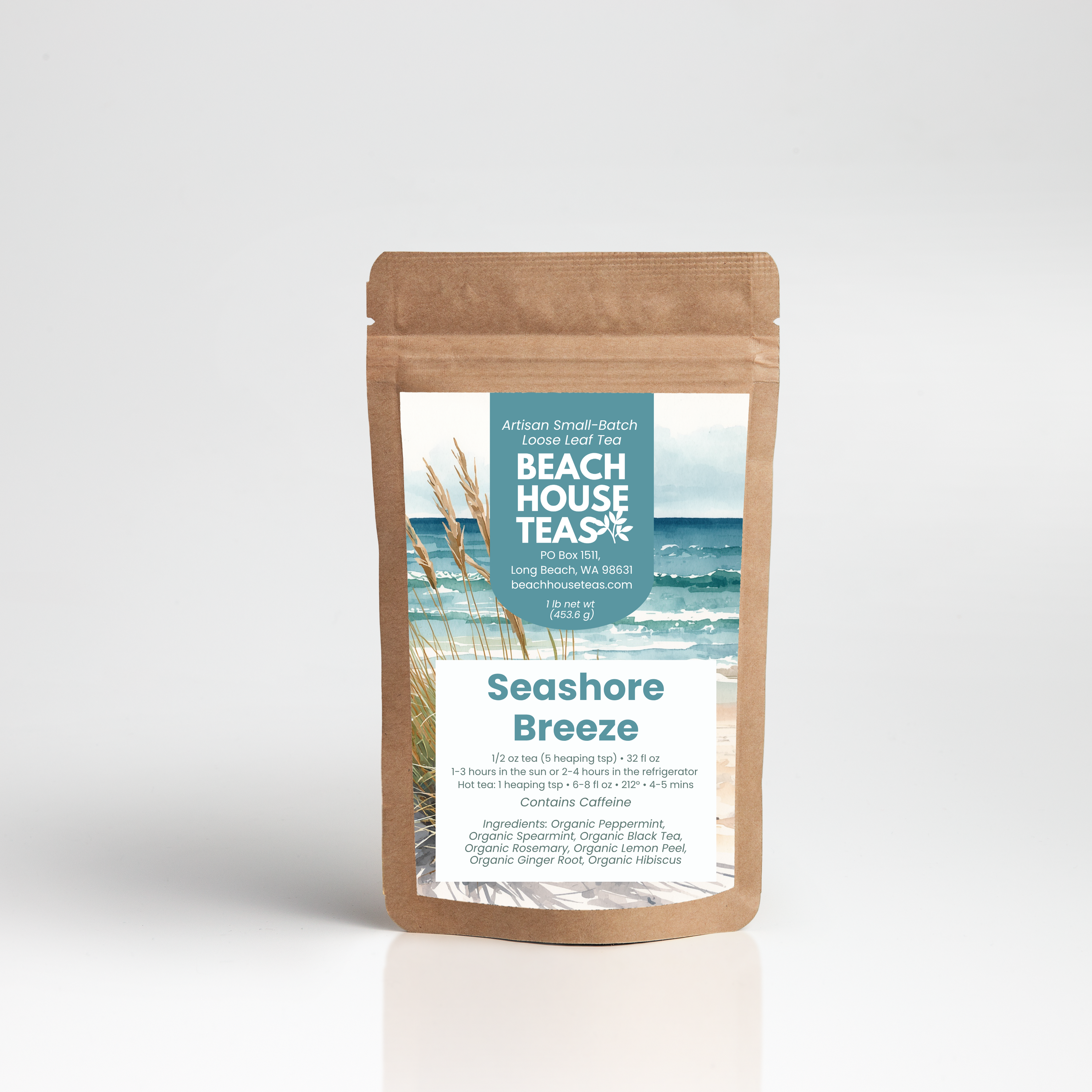 Seashore Breeze iced tea blend label on kraft pouch on white background