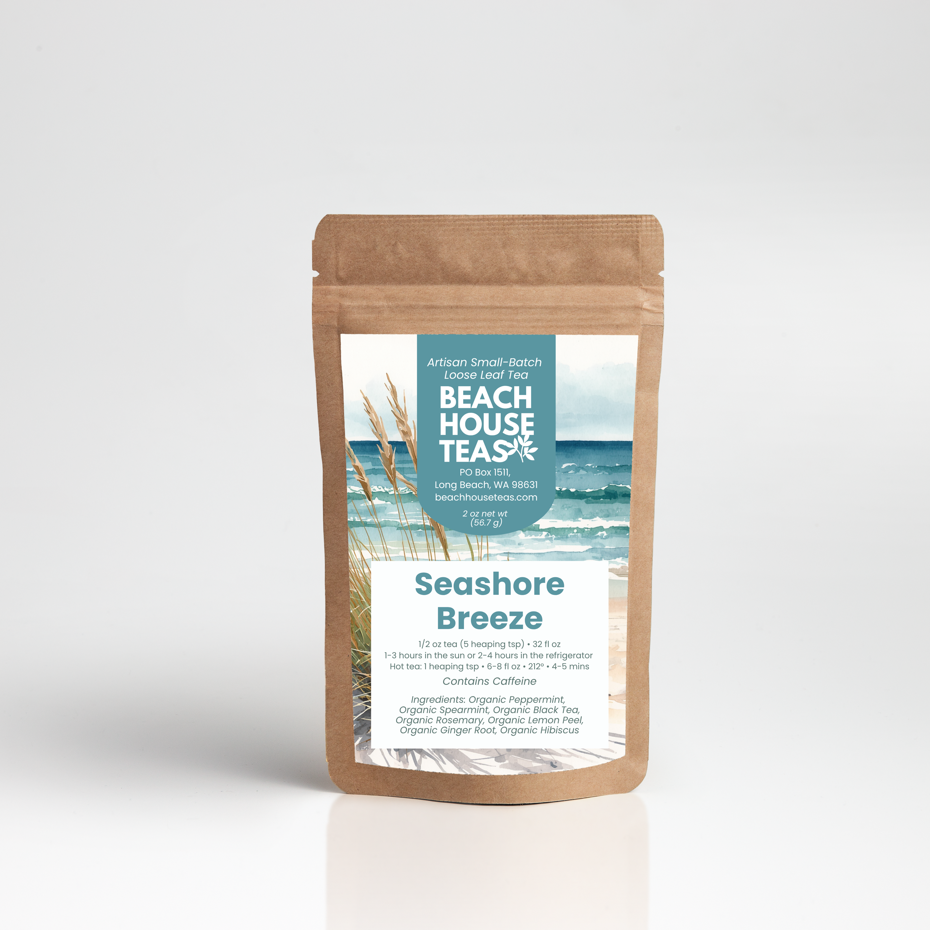 Seashore Breeze iced tea blend label on kraft pouch on white background