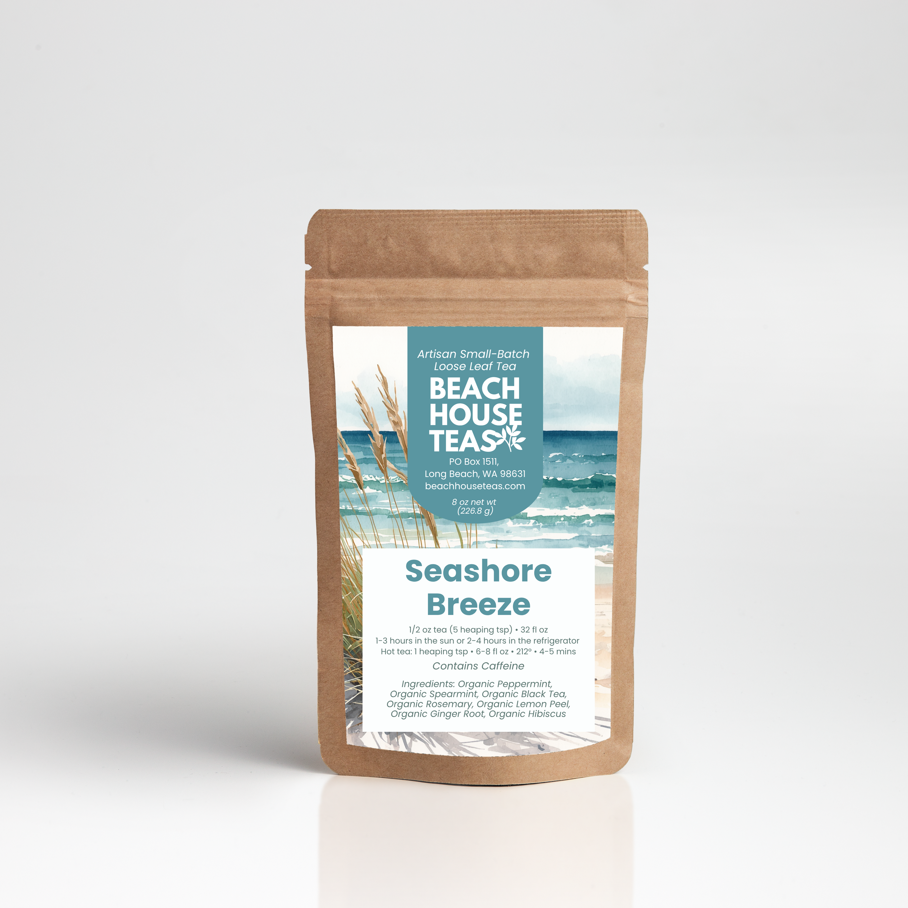 Seashore Breeze iced tea blend label on kraft pouch on white background