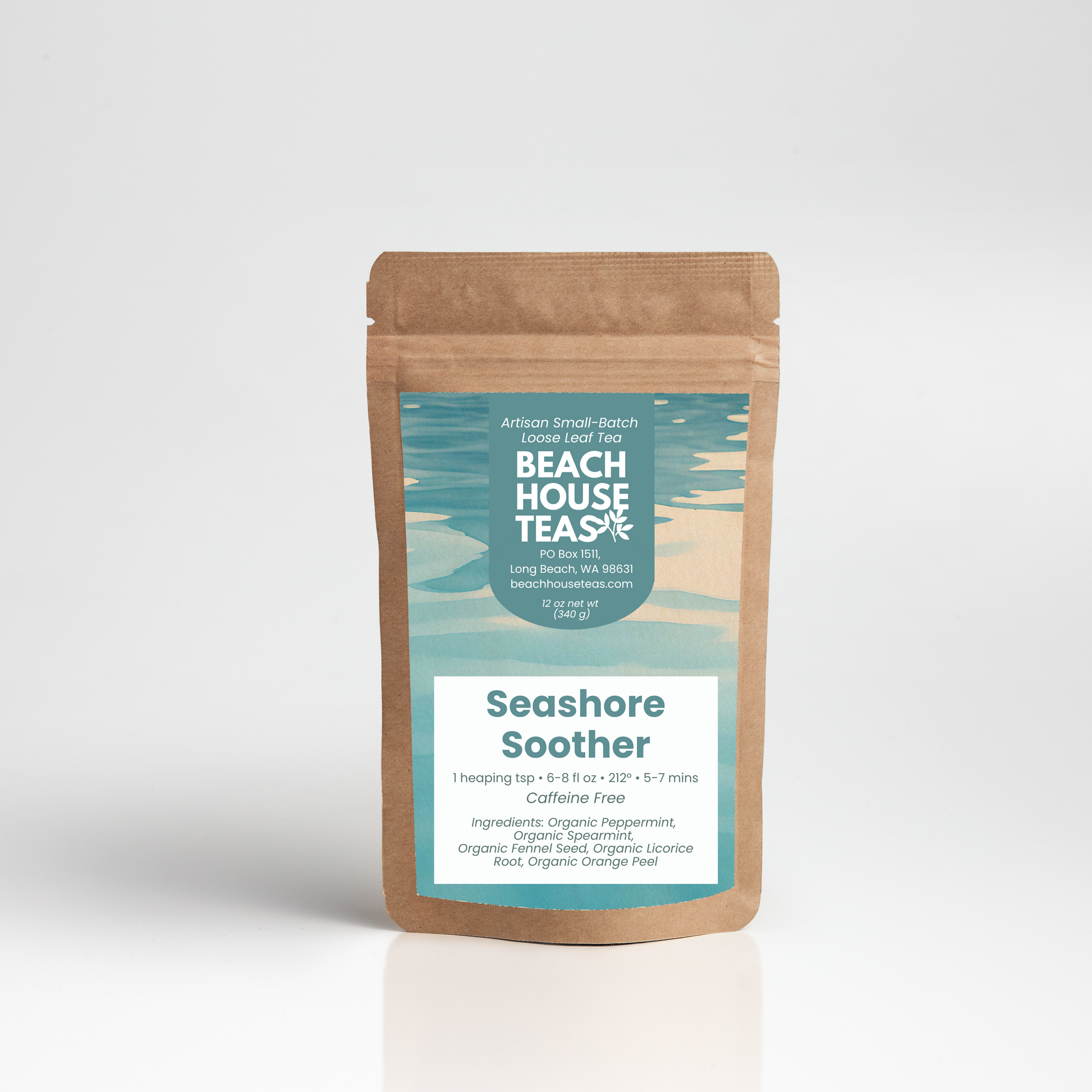 Seashore soother tea label on kraft pouch on white background