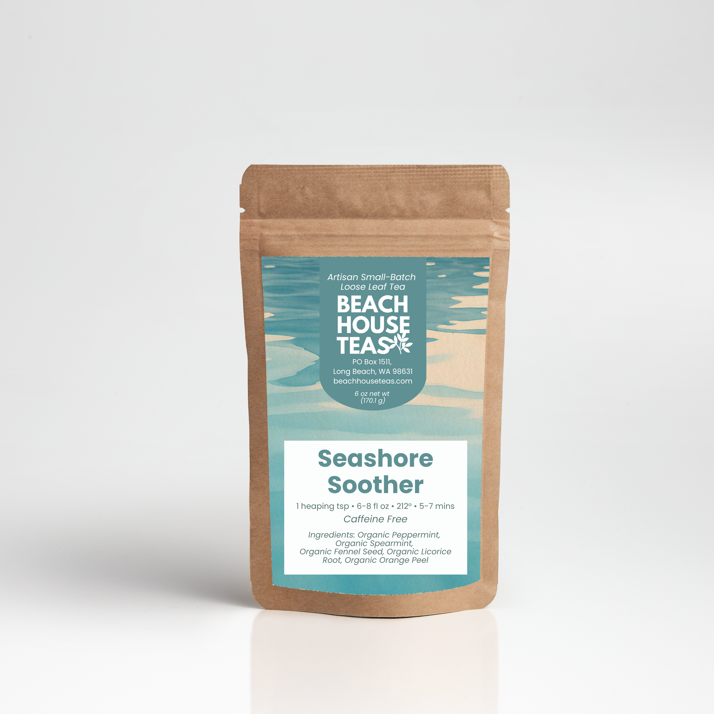Seashore soother tea label on kraft pouch on white background