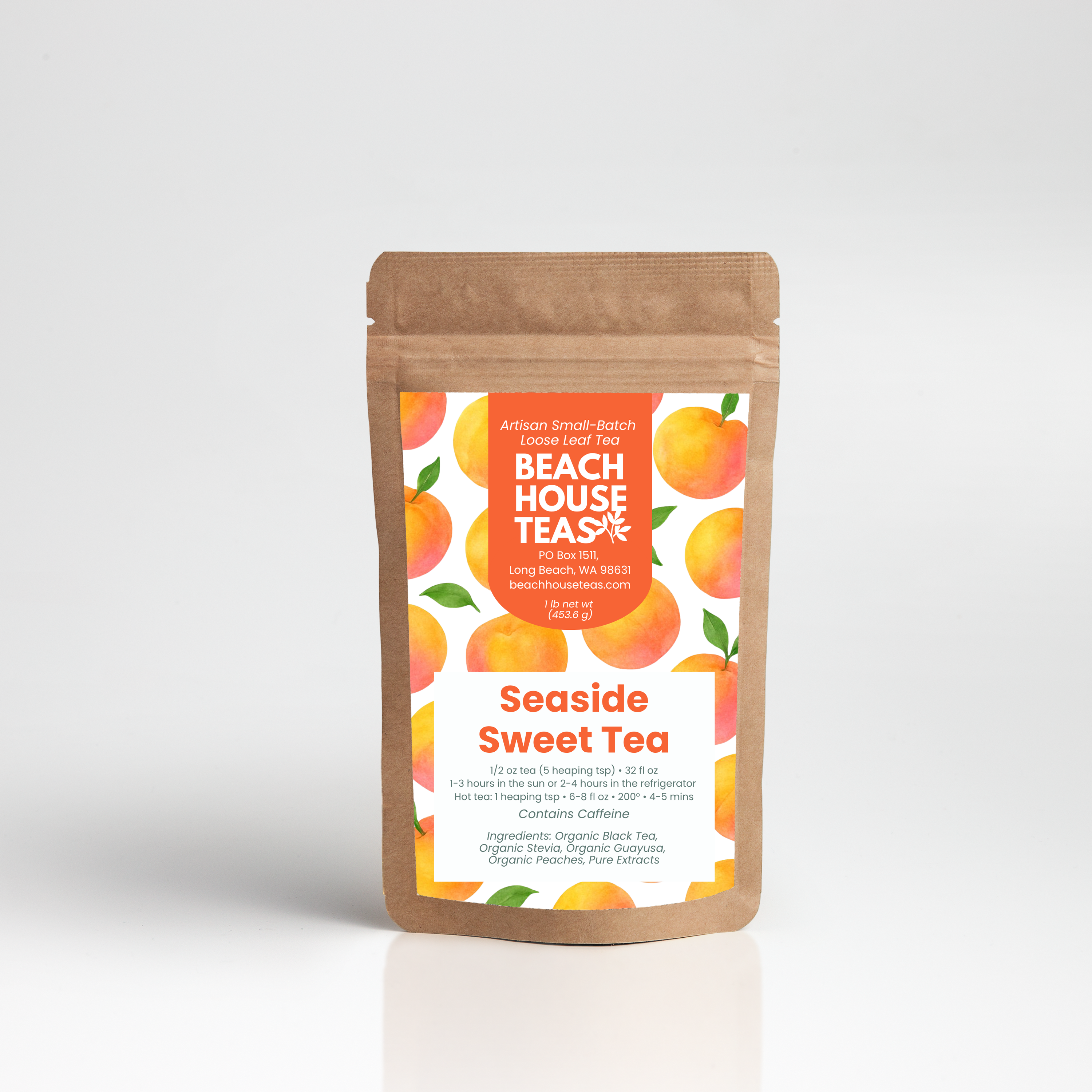 Seaside Sweet tea label on kraft pouch on white background