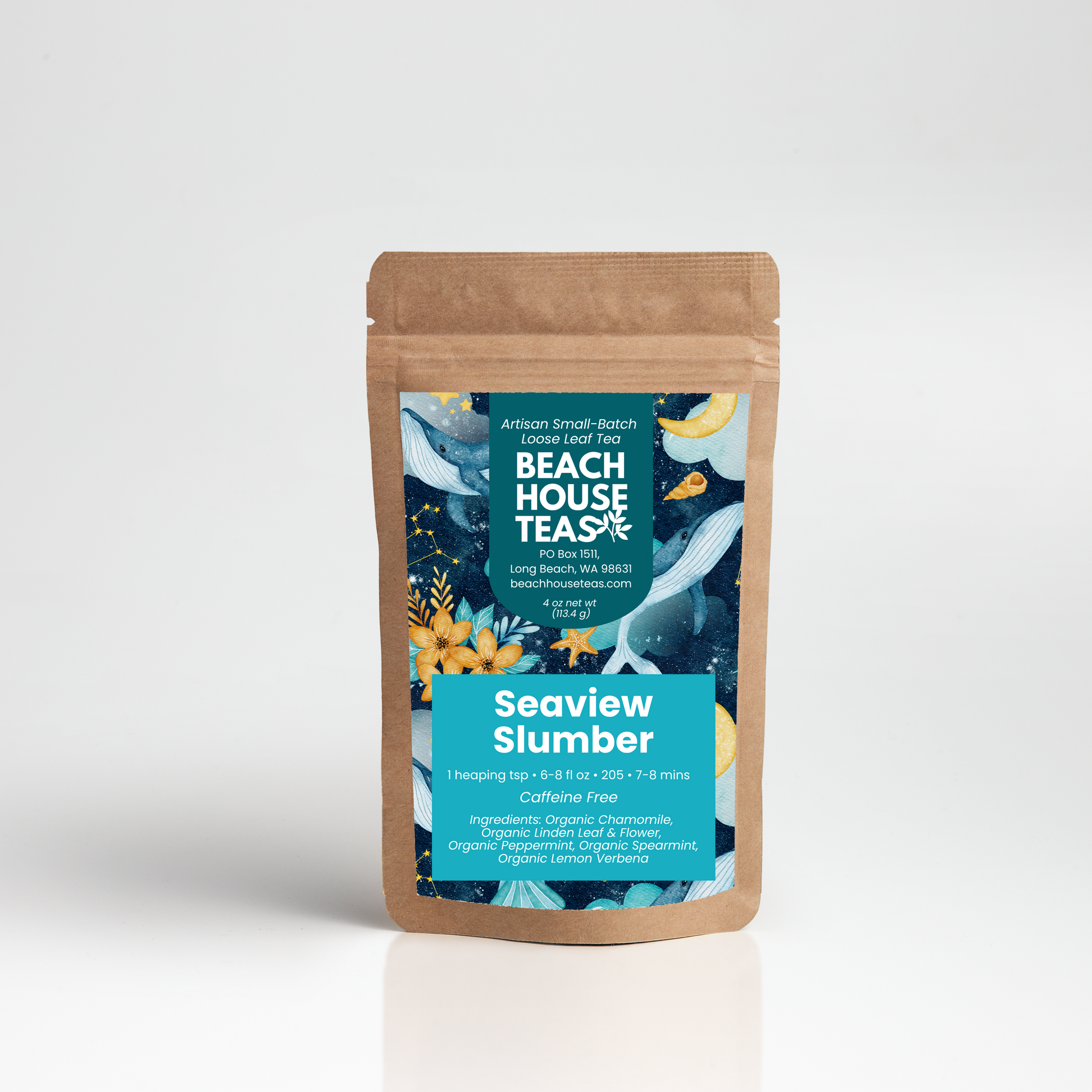 Seaview Slumber label on kraft pouch on white background