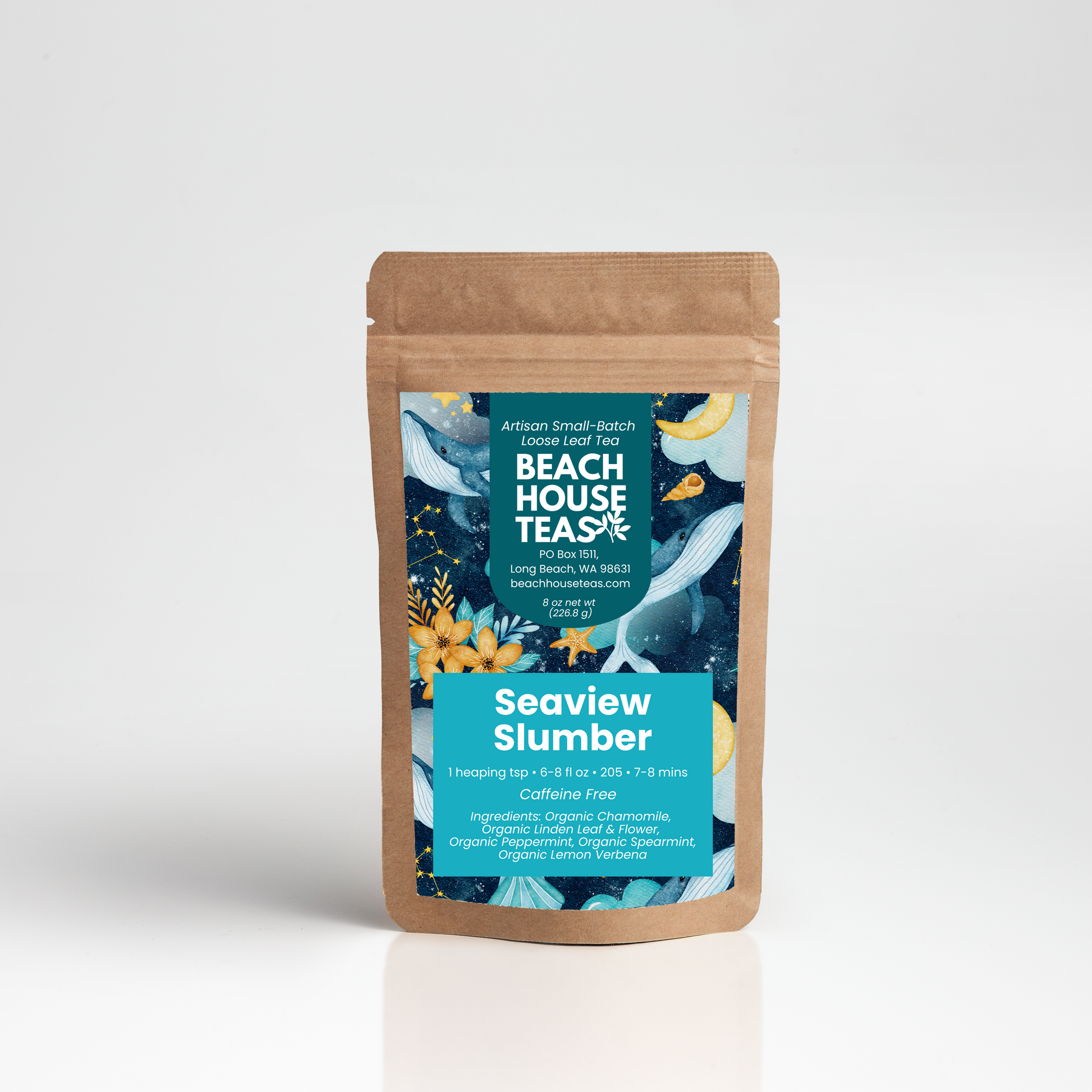 Seaview Slumber label on kraft pouch on white background