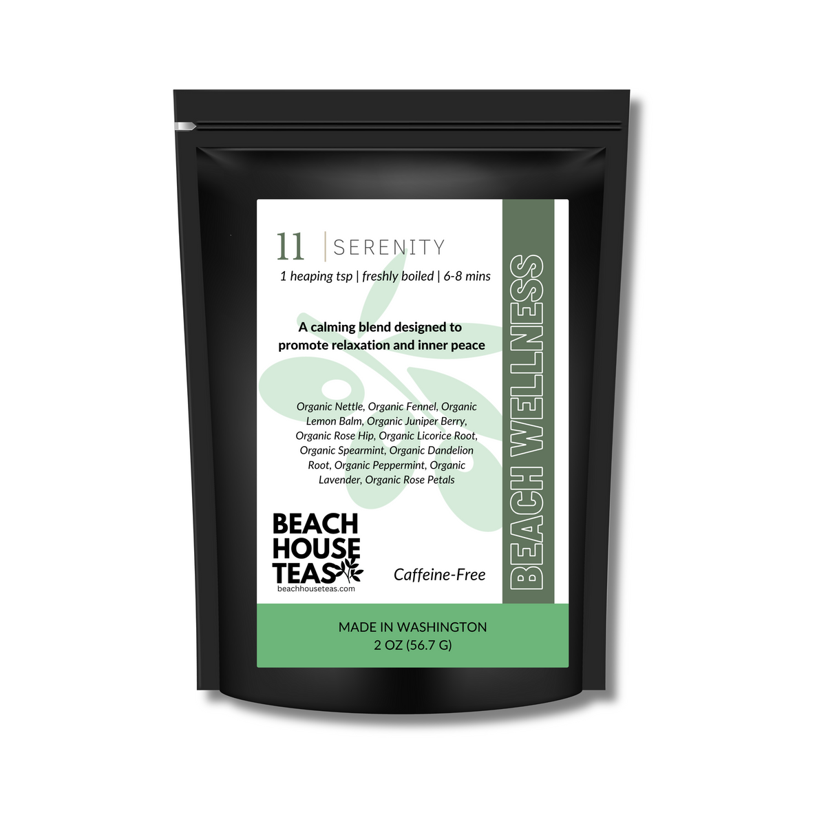Beach Wellness Serenity tea 2 oz black pouch with a white, sage-green, and mint-green label on white