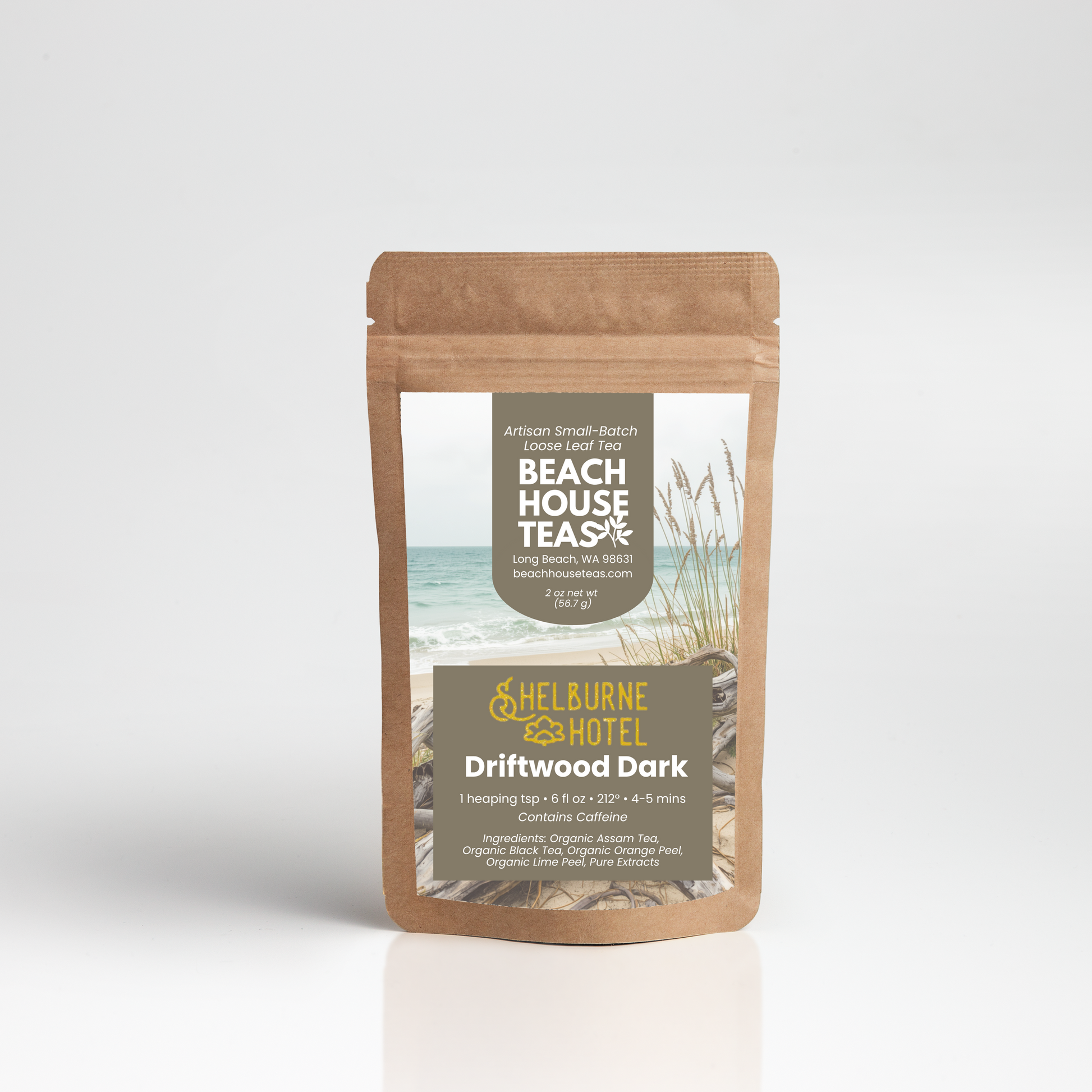 Shelburne Driftwood Dark Tea bag with a scenic label on a white background