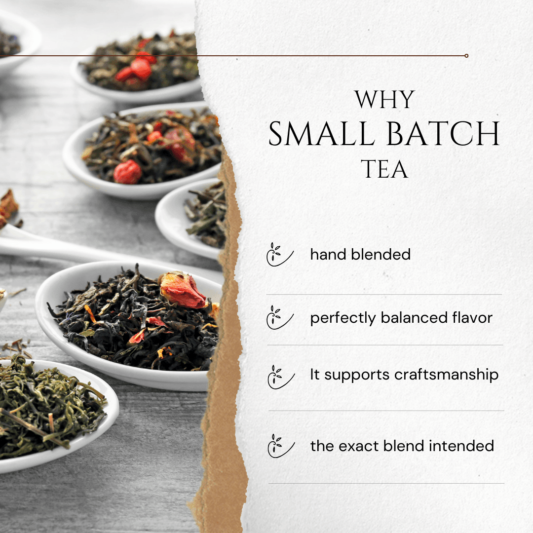 Small-batch tea graphic showing dishes of loose leaf blends and hand-blending highlights