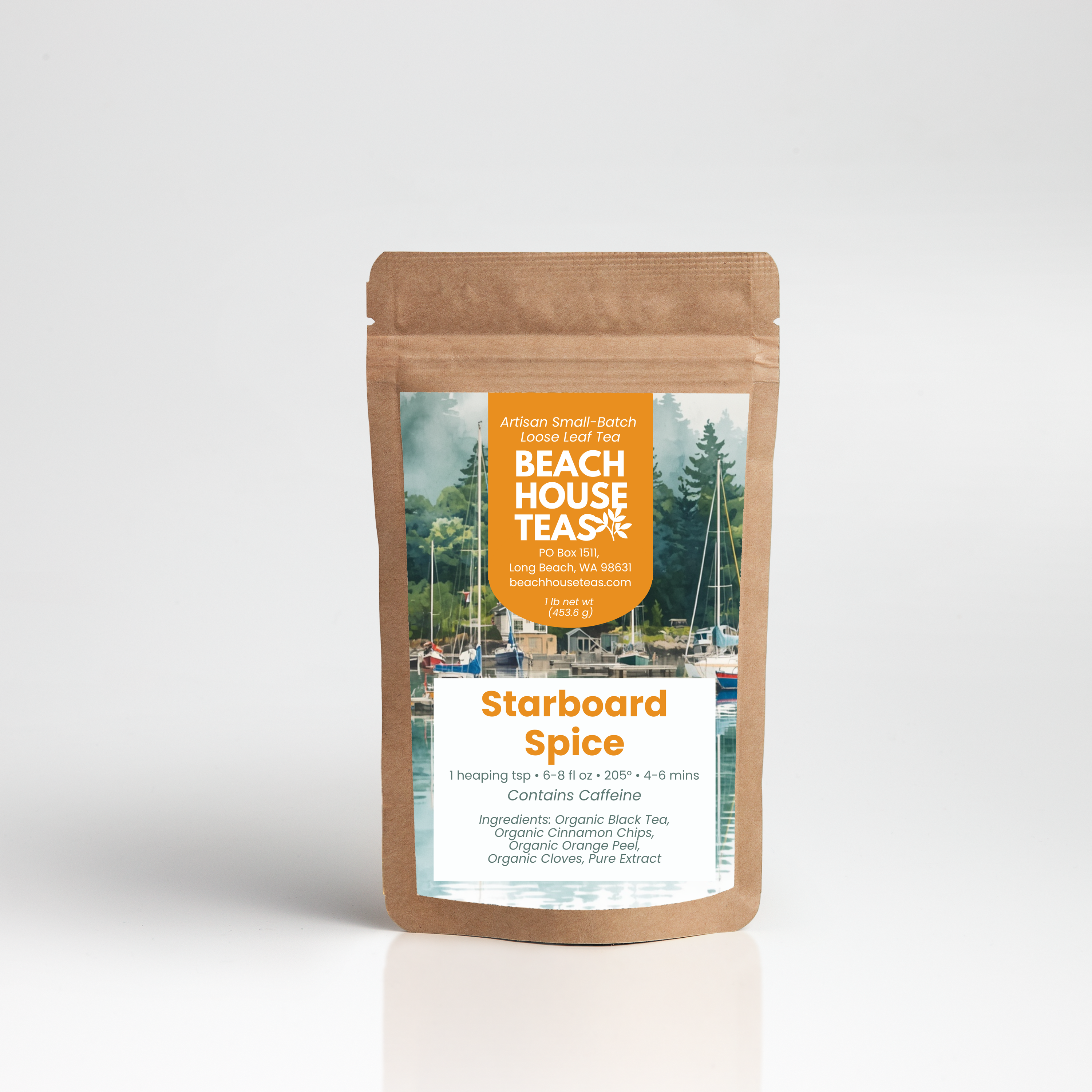A kraft paper stand-up pouch of Beach House Teas Starboard Spice herbal tea, featuring a scenic label with a sailboat on the water and an orange label block, set against a clean white background.