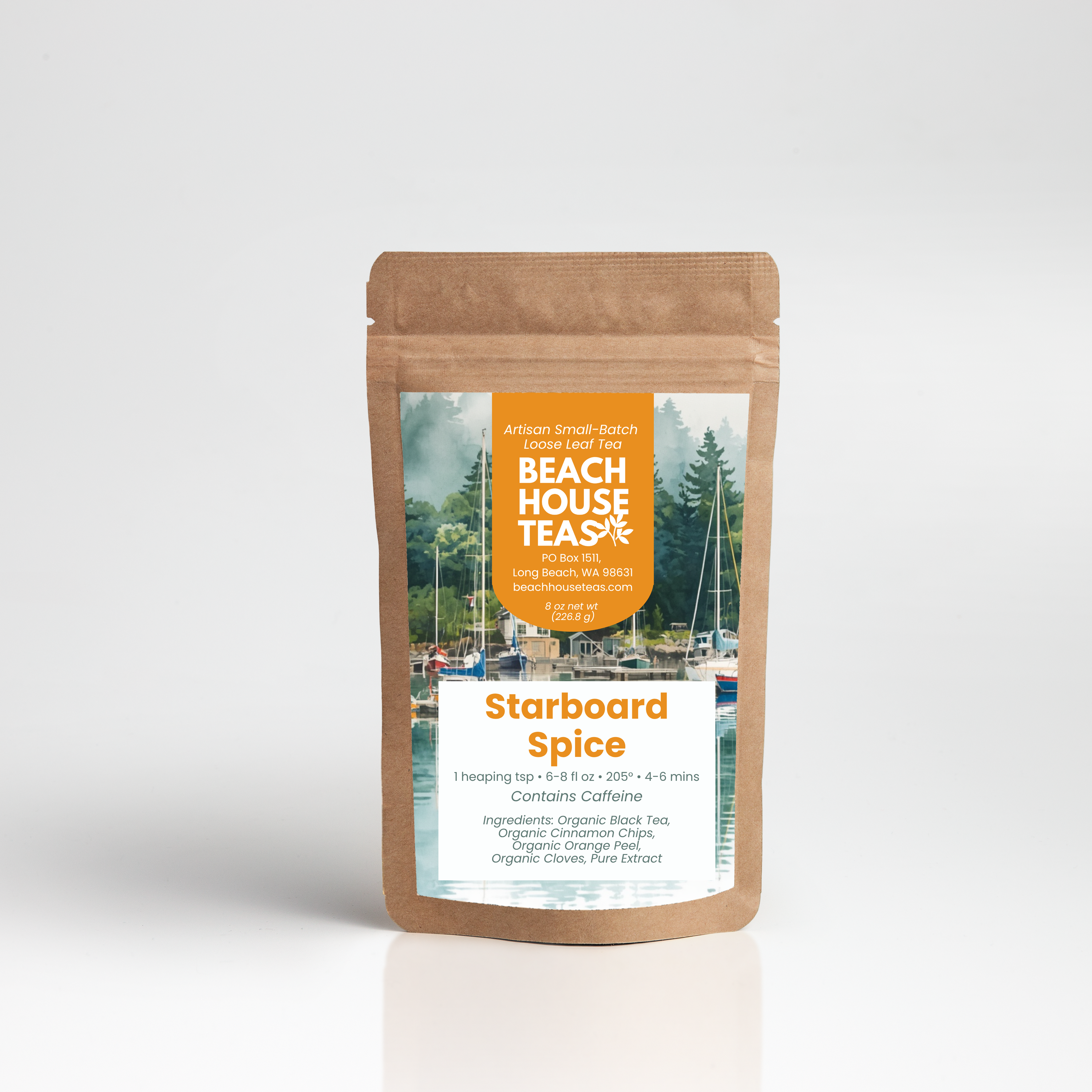 A kraft paper stand-up pouch of Starboard Spice by Artisan Small Batch Coffee Roasters, featuring a scenic sailboat label on a clean white background.