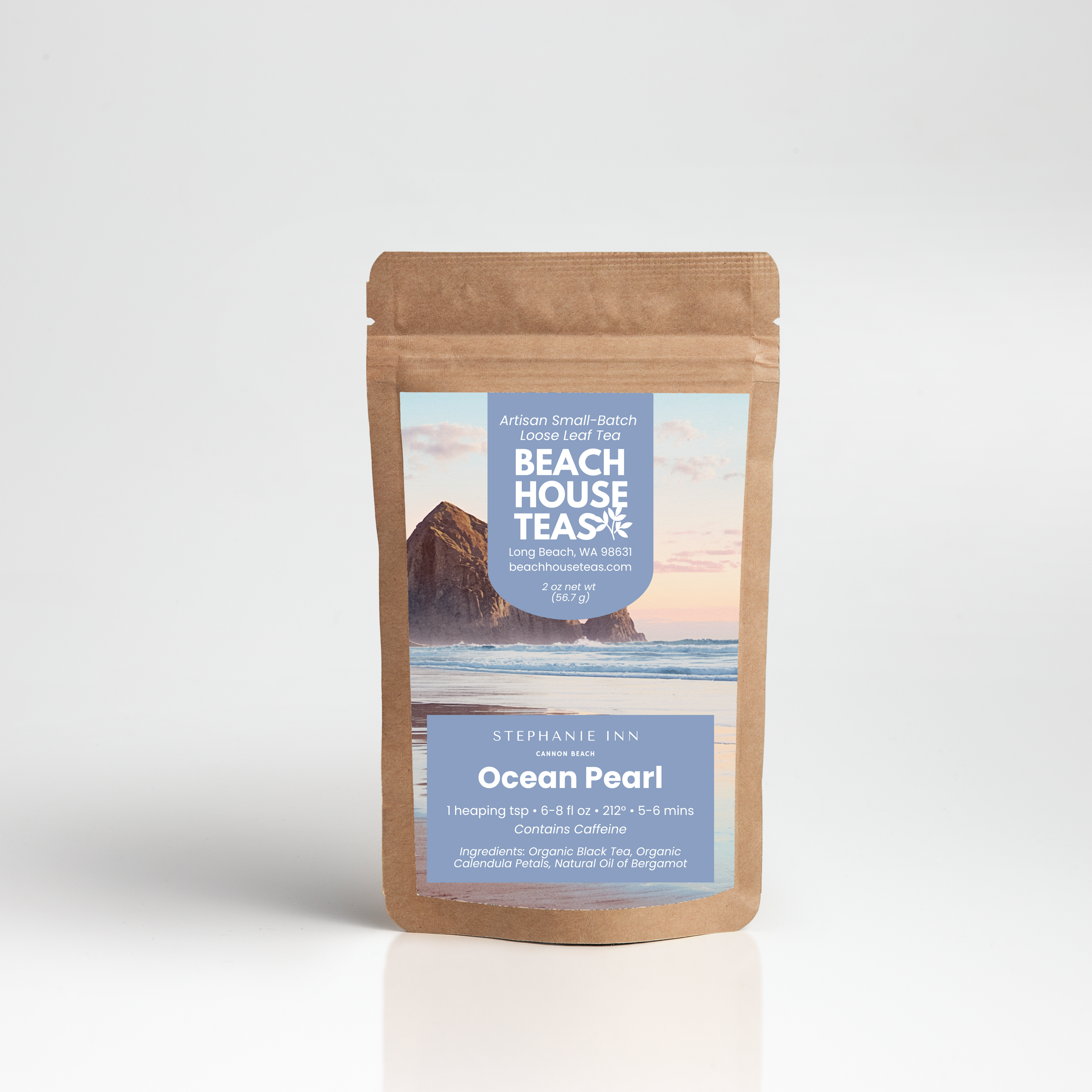 Beach House Teas Ocean Pearl tea package on a white background