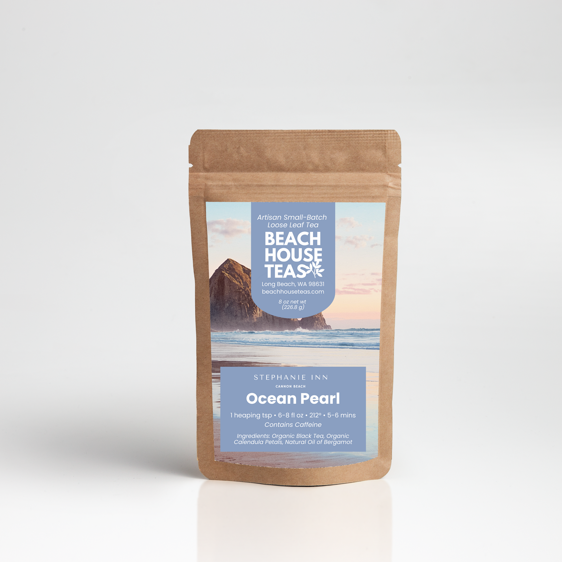 Beach House Teas Ocean Pearl tea package on a white background