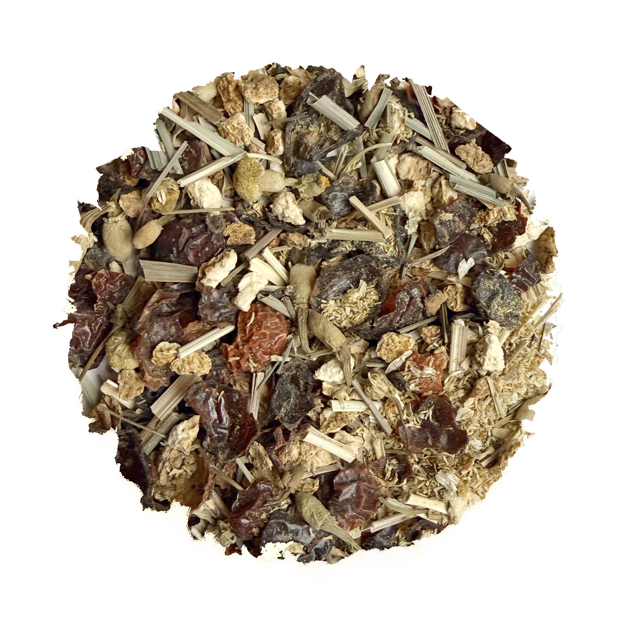 A circular pile of dried botanical ingredients, including roots, bark, and leaves in shades of brown, beige, and gray, photographed on a solid white background.