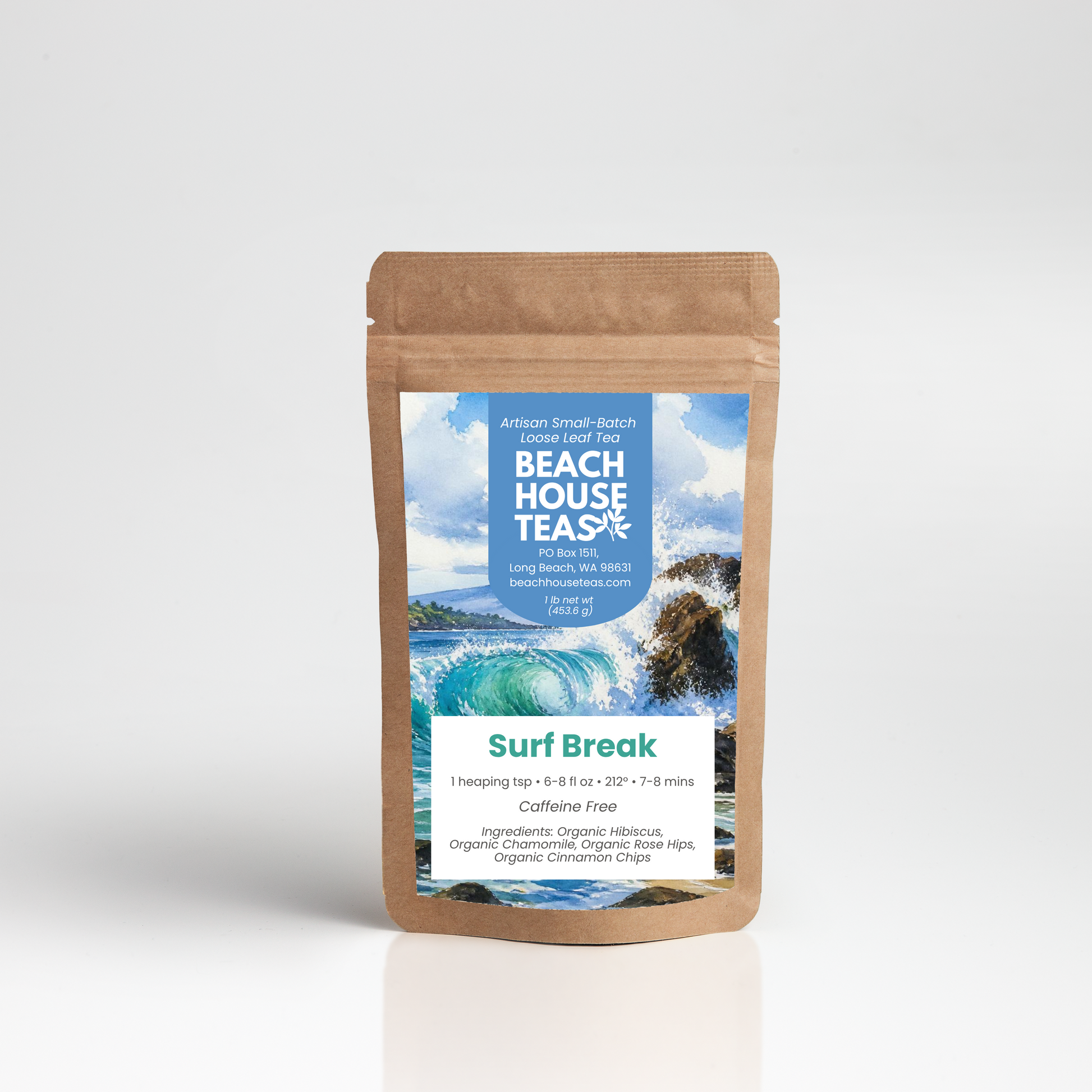 A kraft paper stand-up pouch of Arthur Beach House Teas Surf Break caffeine free herbal tea, set against a clean white studio background with a subtle reflection.