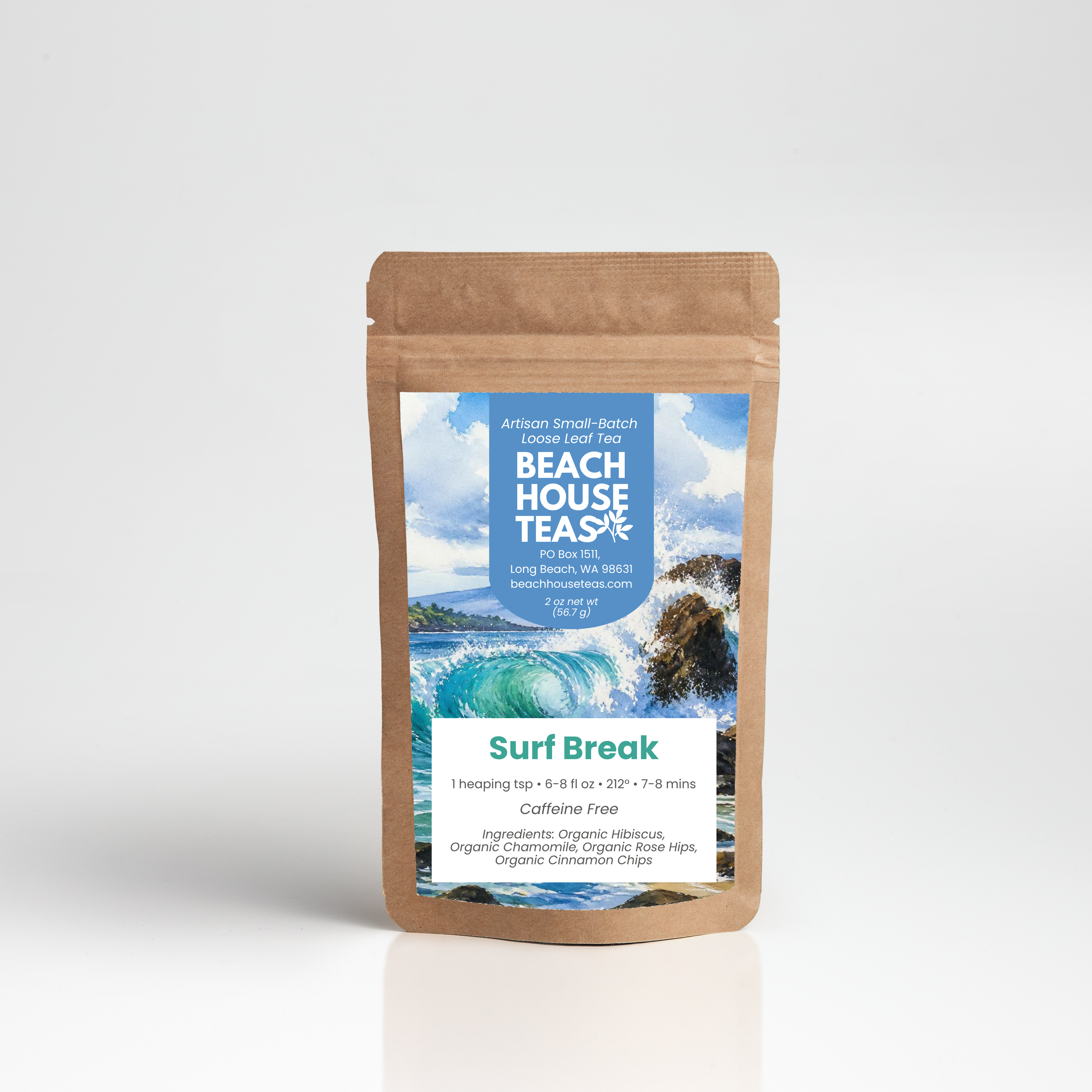 A stand-up kraft paper pouch of Beach House Teas Surf Break caffeine free tea, featuring a blue and white wave graphic label, set against a clean white background with a soft reflection.