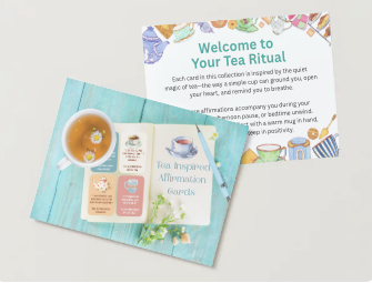 Tea-Inspired Affirmation Cards preview beside a Welcome to Your Tea Ritual instruction page on a light background