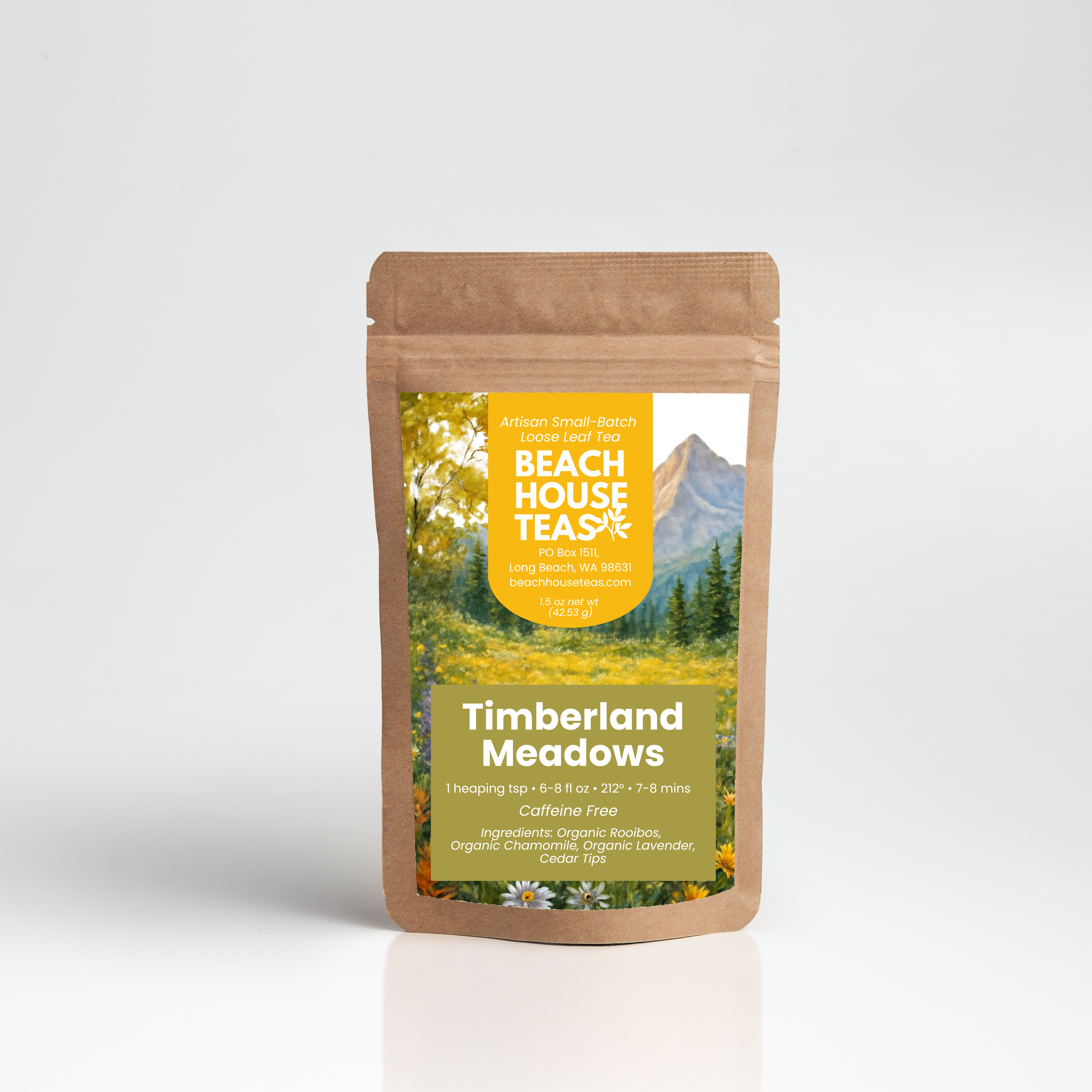 A kraft paper stand-up pouch of Beach House Tea's 'Timberland Meadows' herbal tea, featuring a scenic mountain and meadow label, set against a clean white studio background.