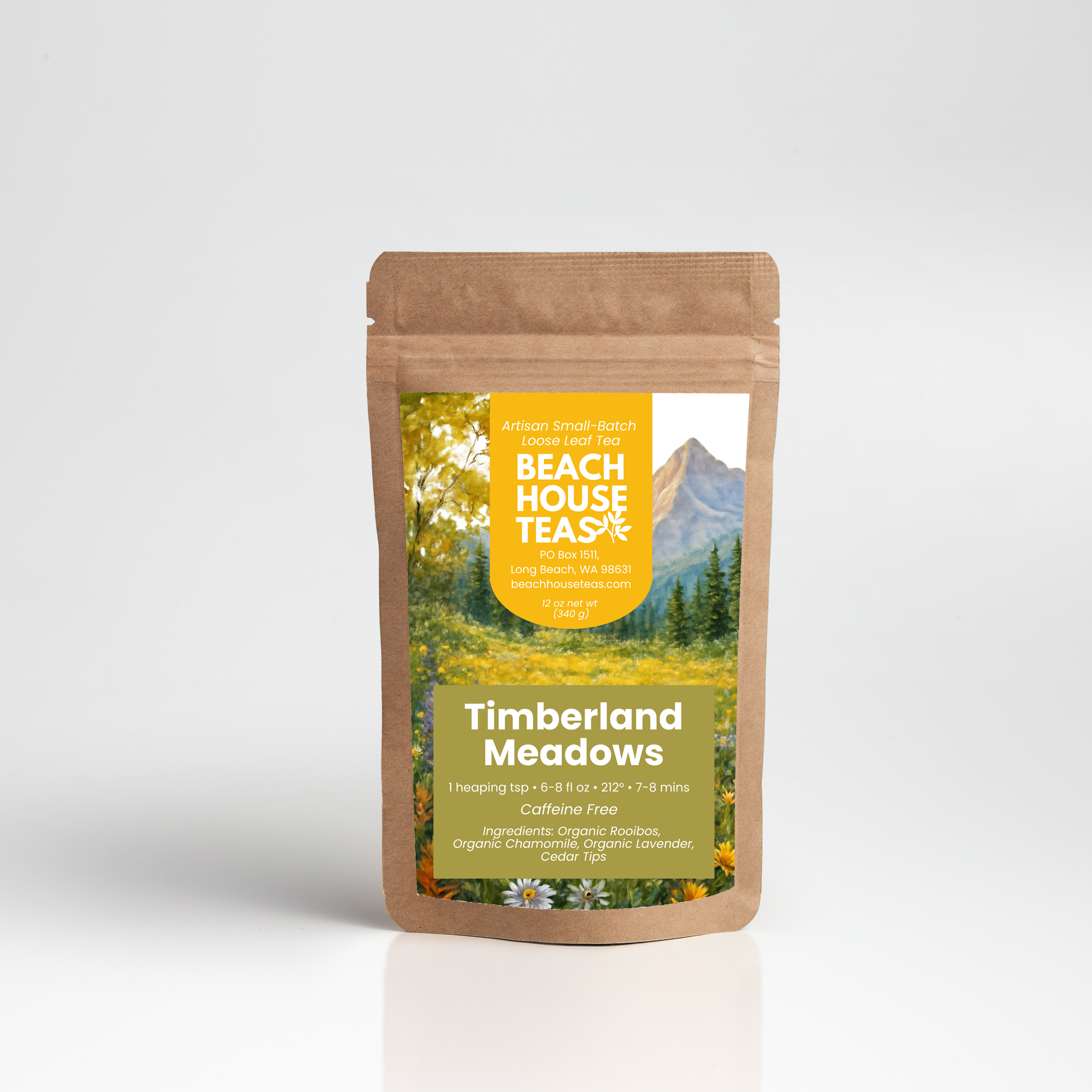 A kraft paper stand-up pouch of Beach House Tea's 'Timberland Meadows' herbal tea, featuring a scenic mountain and meadow label, set against a clean white studio background.