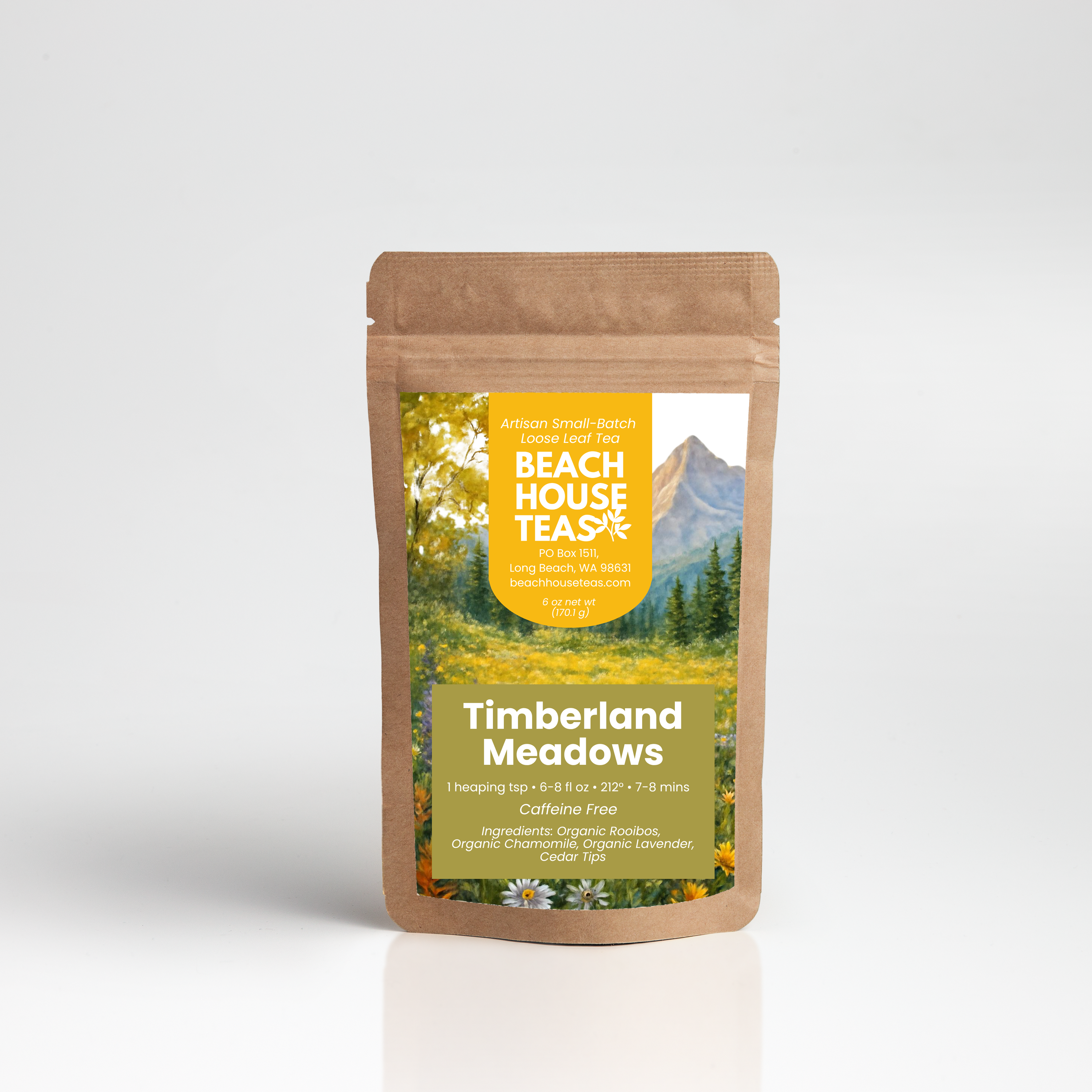 A kraft paper stand-up pouch of Beach House Tea's 'Timberland Meadows' herbal tea, featuring a scenic mountain and meadow label, set against a clean white studio background.