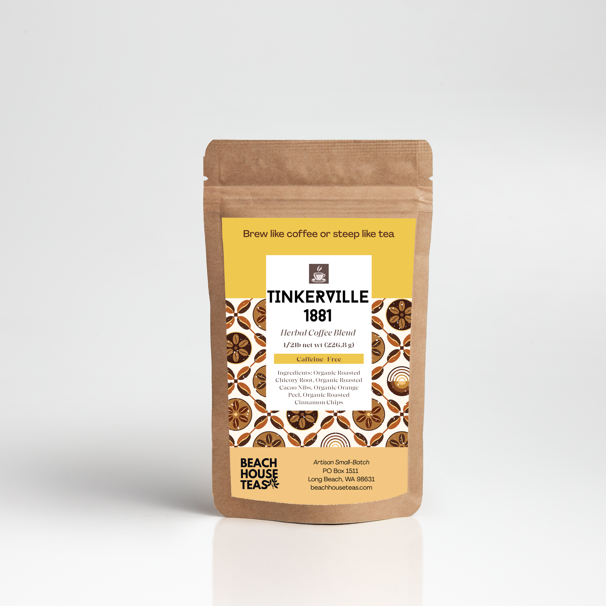 Tea package with a yellow label on a white background