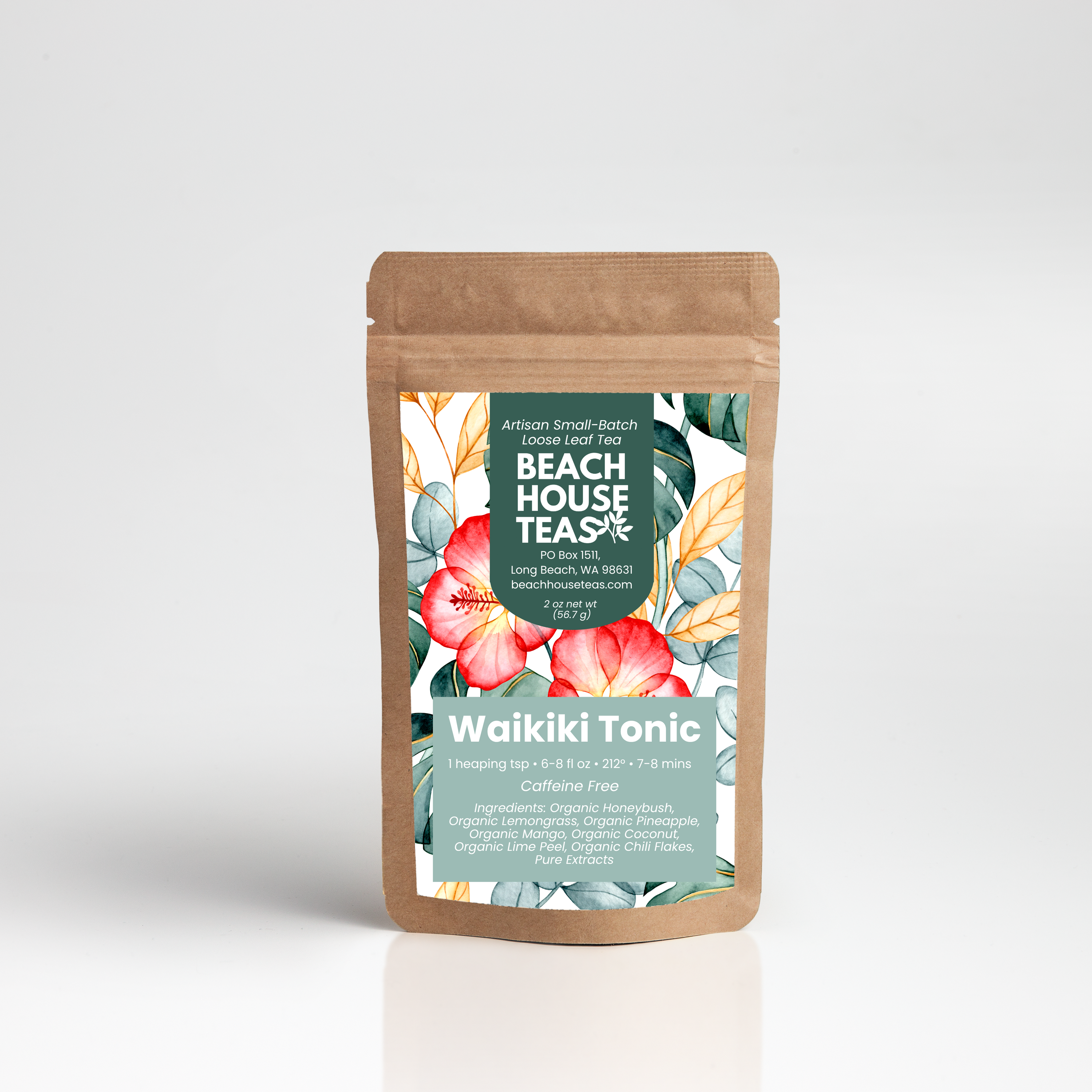 A kraft paper stand-up pouch of Beach House Teas Waikiki Tonic tea, featuring a tropical floral label with hibiscus and green leaves, set against a clean white studio background.