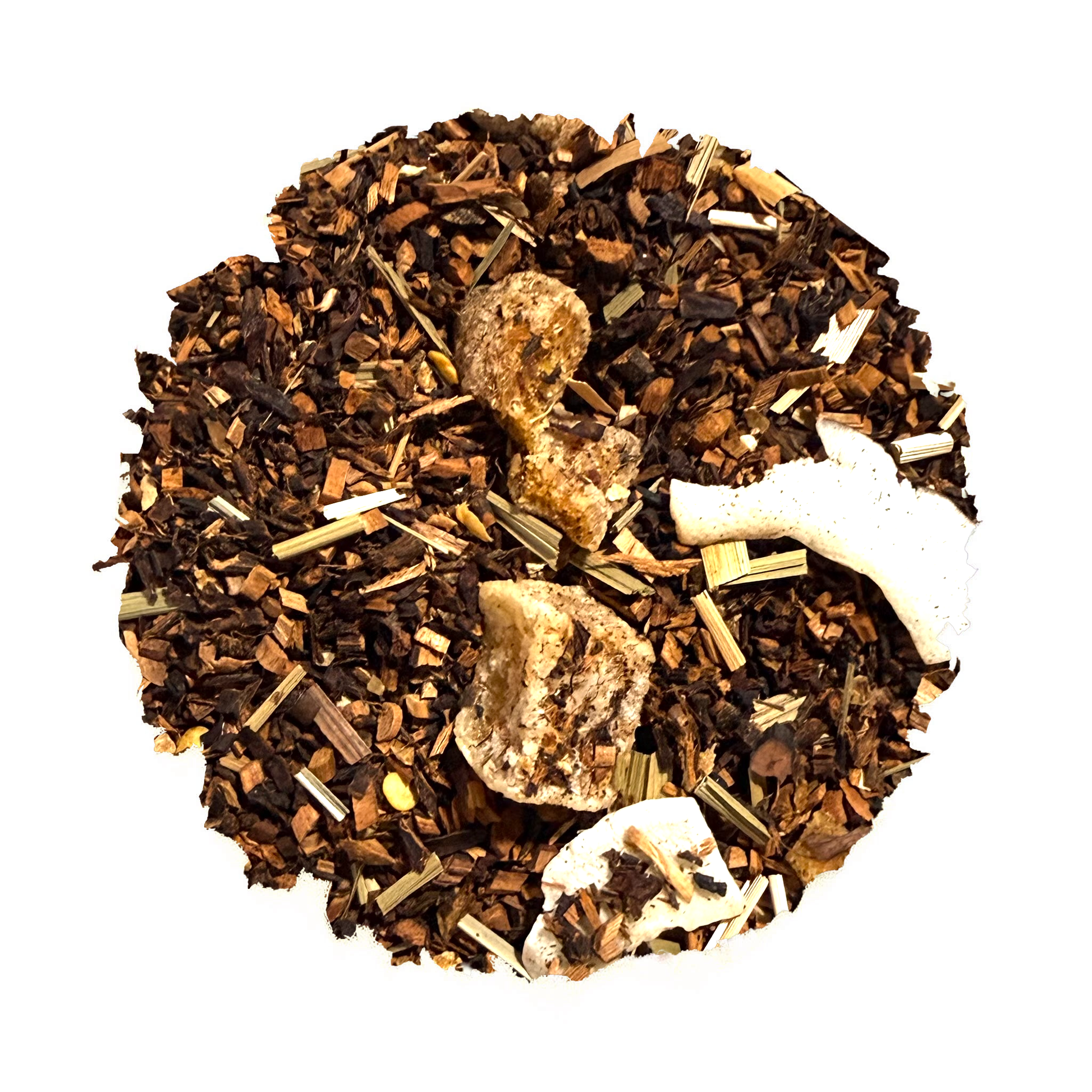 A circular pile of loose-leaf herbal tea blend on a plain white background, featuring dark brown wood chips, light tan pieces, and white sections.