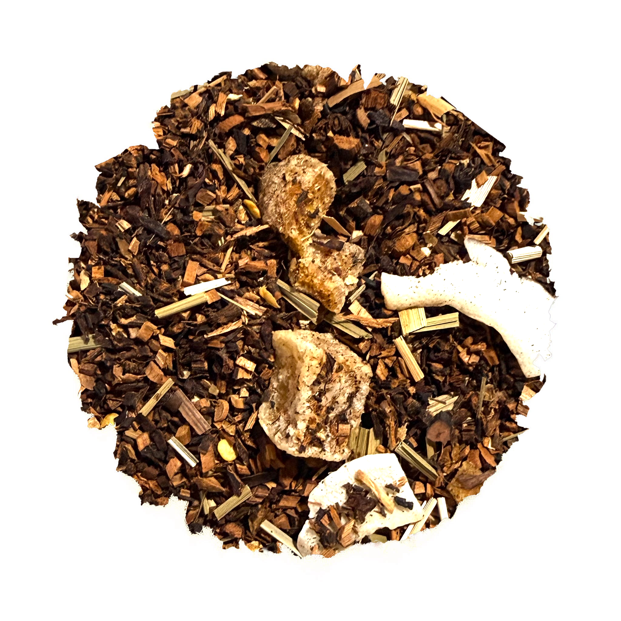A circular pile of loose-leaf herbal tea blend on a plain white background, featuring dark brown wood chips, light tan pieces, and white sections.