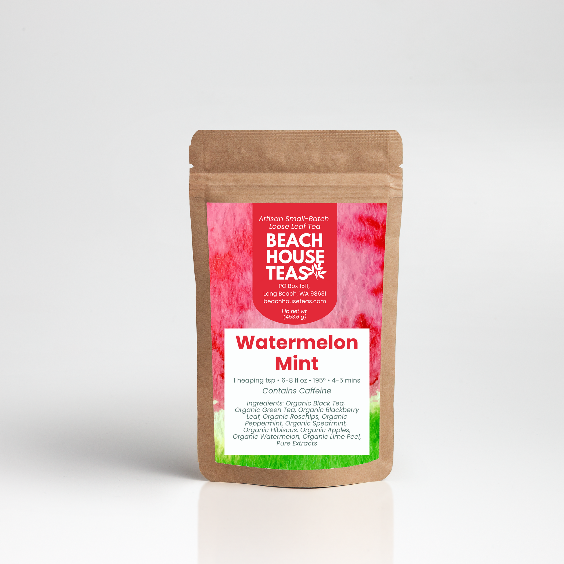 A kraft paper stand-up pouch of Artisan Small Batch Organic Beach House Teas Watermelon Mint tea, shown on a light gray gradient background with a soft reflection.