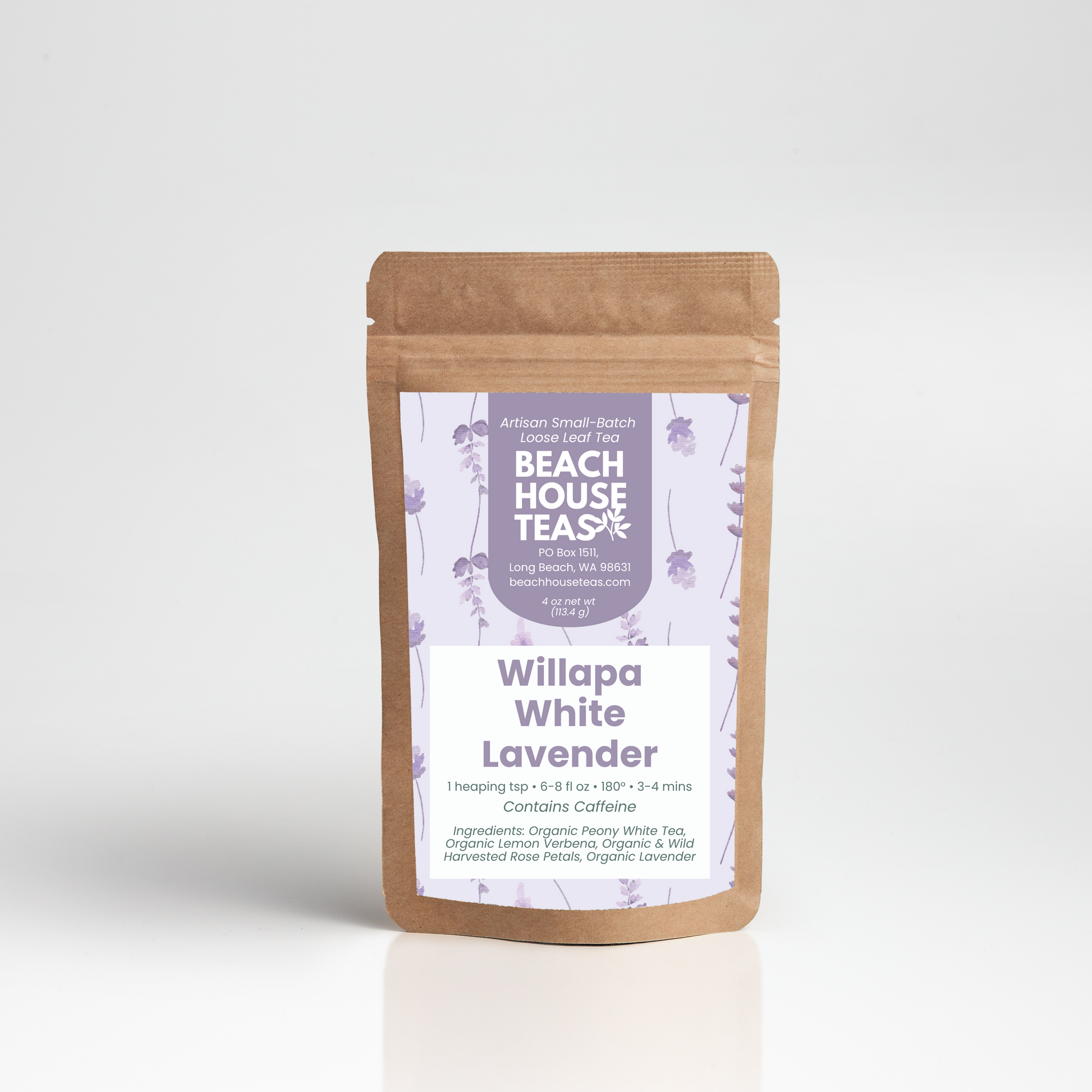 A kraft paper stand-up pouch of Beach House Teas Willapa White Lavender coffee, shown on a clean white background with a soft reflection.