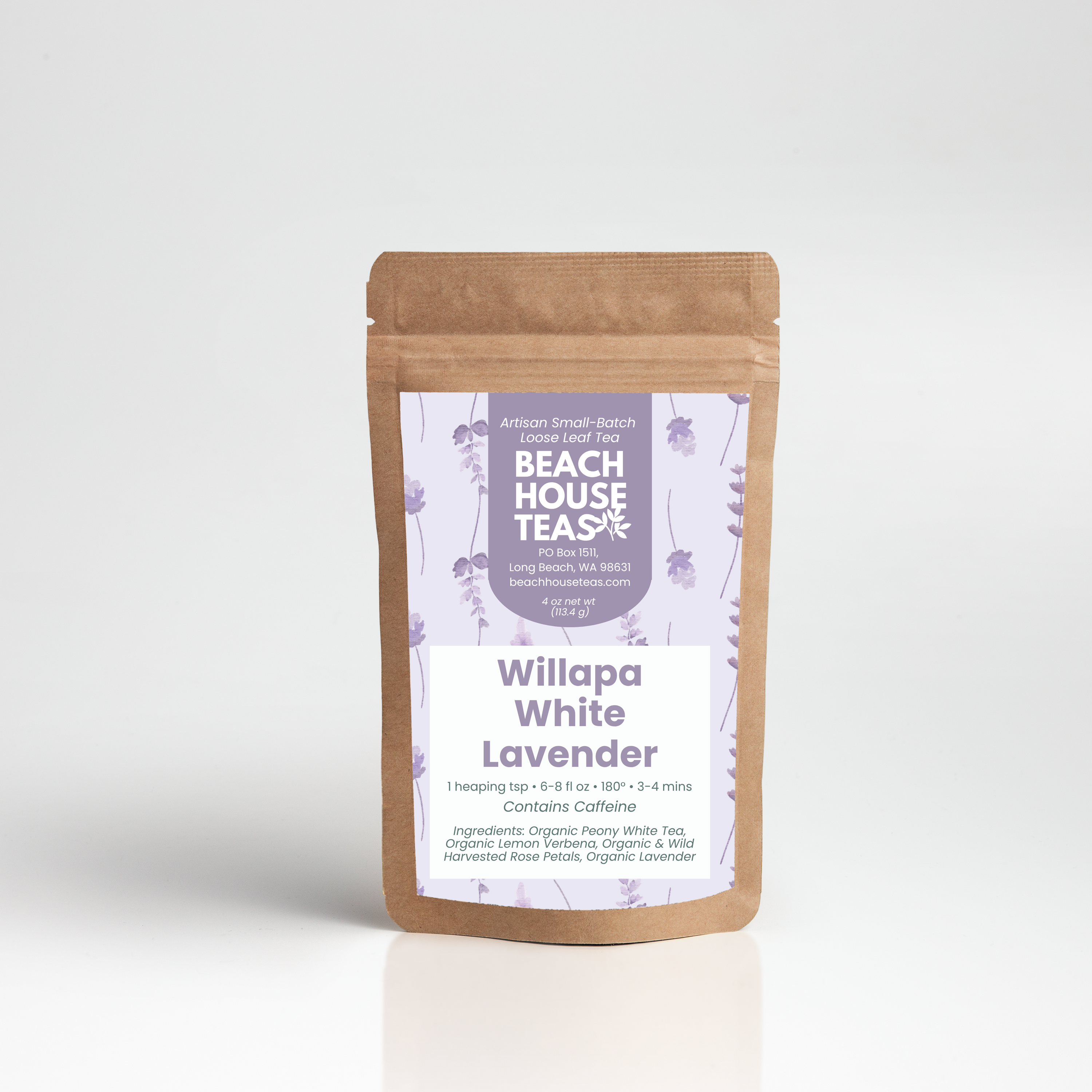 A kraft paper stand-up pouch of Beach House Teas Willapa White Lavender coffee, shown on a clean white background with a soft reflection.