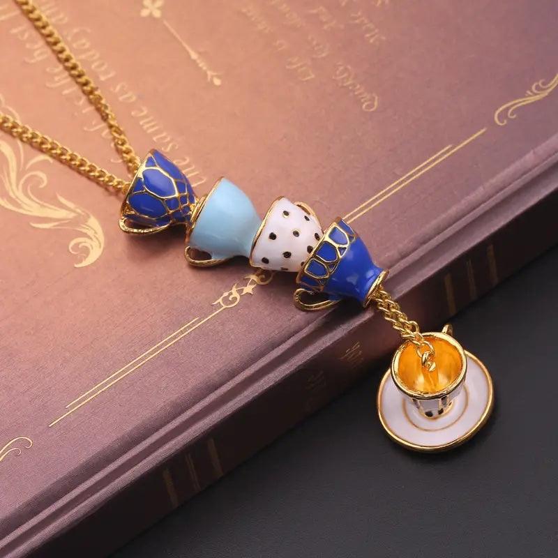 Vintage Enamel Glaze Tea Cup Shaped Pendant Necklace - Beach House Teas