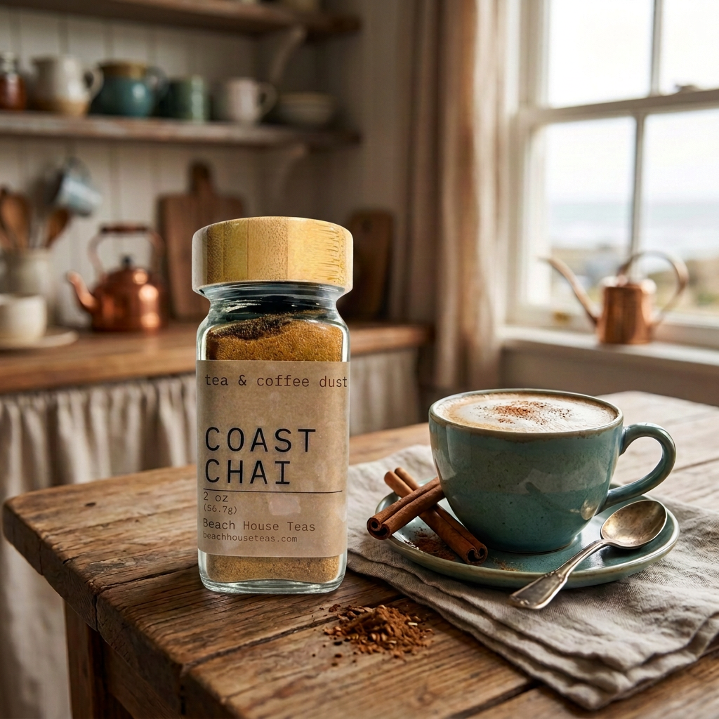 Beach House Teas Coast Chai tea and coffee dust jar beside a spice-dusted latte and cinnamon sticks on a sunlit wooden kitchen table