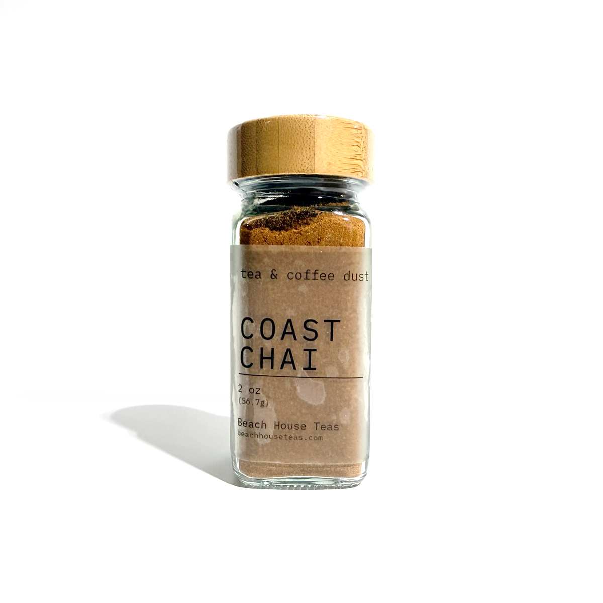Beach House Teas Coast Chai tea and coffee dust in a 2 oz clear glass jar with a wooden lid
