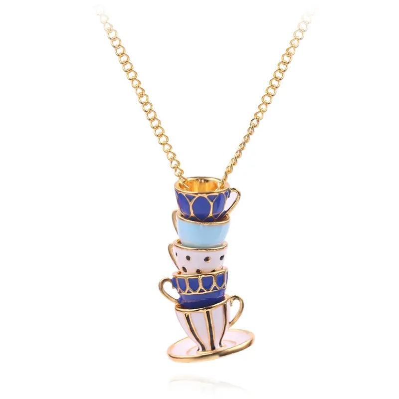 Vintage Enamel Glaze Tea Cup Shaped Pendant Necklace - Beach House Teas
