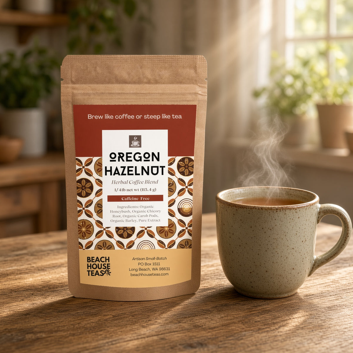 Oregon Hazelnut herbal coffee pouch beside a steaming speckled ceramic mug on a sunlit wooden kitchen counter

