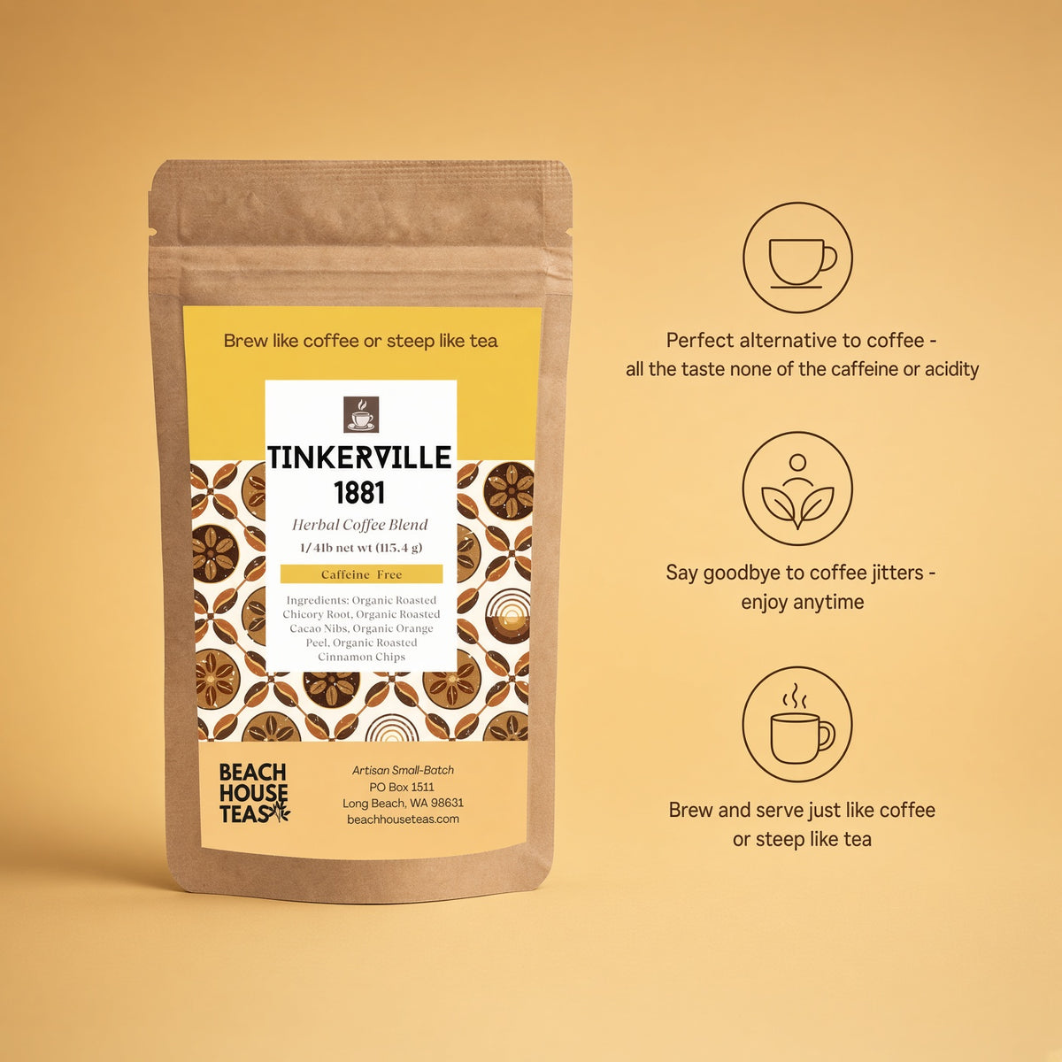 Tinkerville 1881 herbal coffee pouch on a yellow background with cup and botanical icons and product highlights