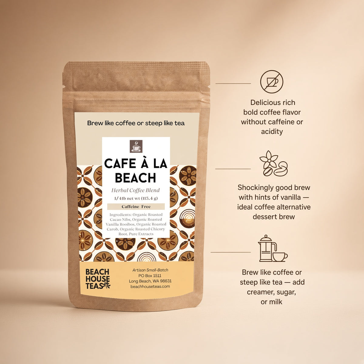Café à la Beach Herbal Coffee pouch on a tan background with flavor and brewing illustrations
