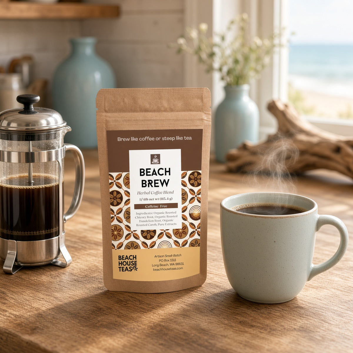 Beach Brew Herbal Coffee pouch beside a French press and steaming mug on a wooden counter