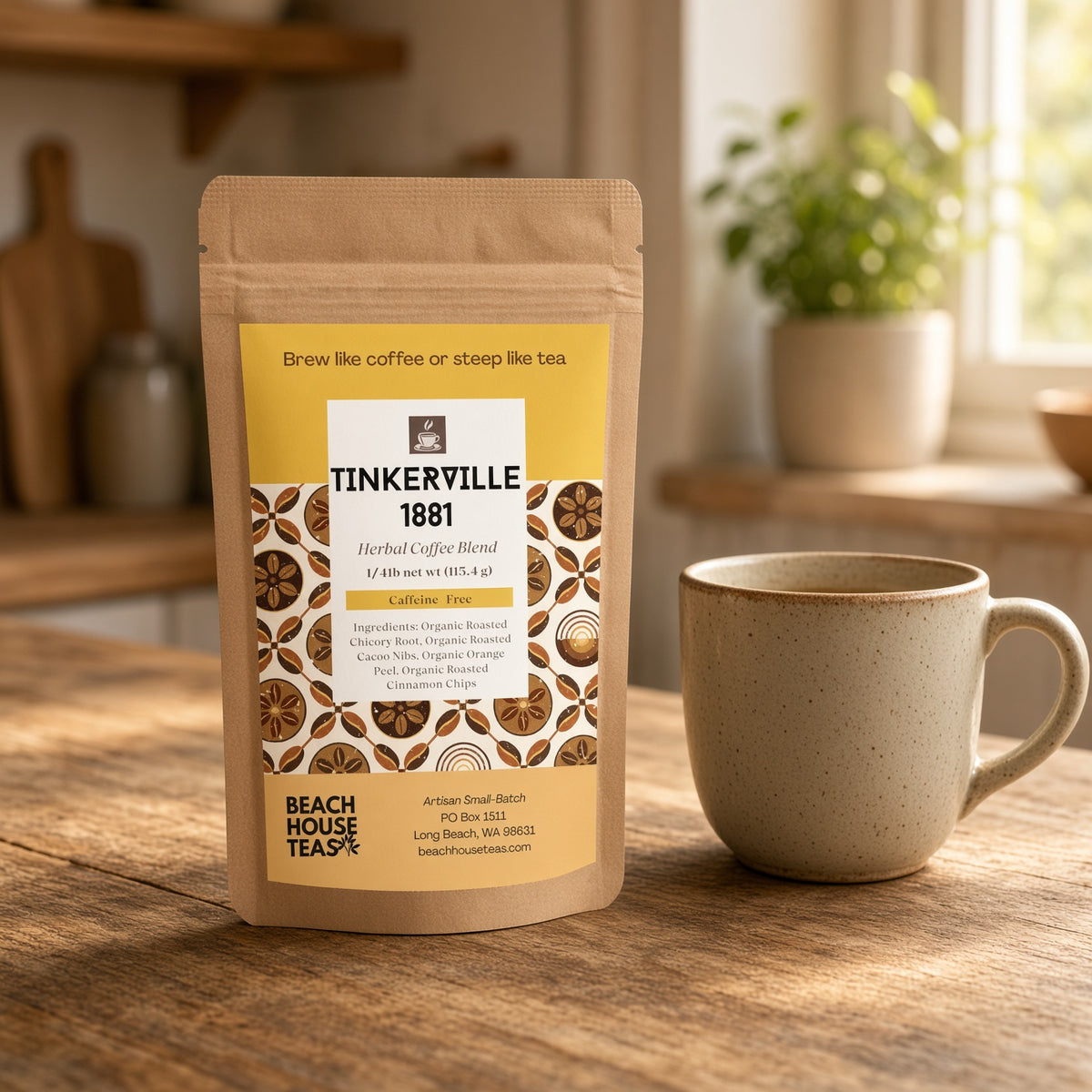 Tinkerville 1881 herbal coffee pouch beside a speckled ceramic mug on a sunlit wooden kitchen counter